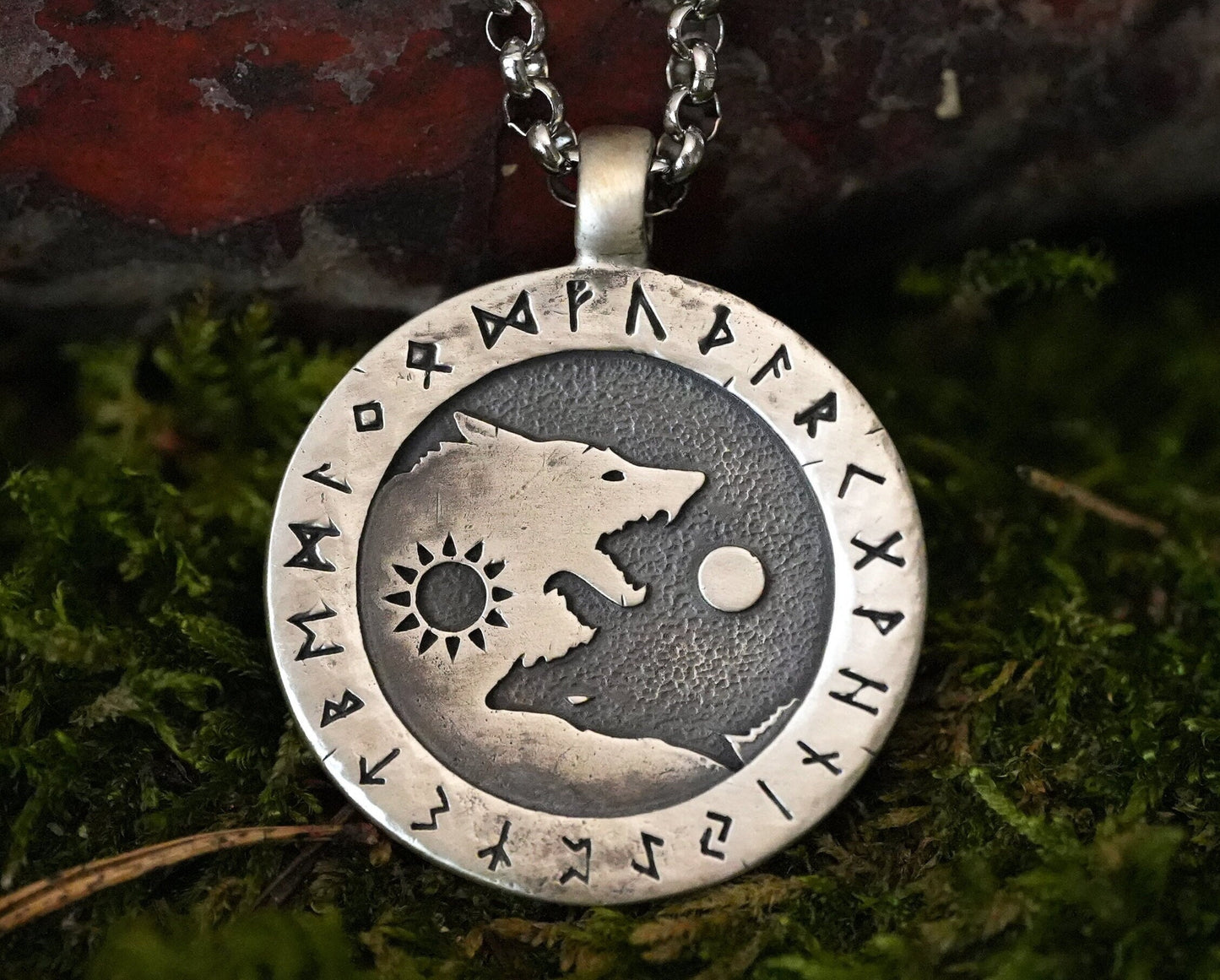Viking Yin Yang Wolf Necklace Wolves Skoll and Hati Chasing Sun and Moon Balance In Life - Full Set Futhark Runes - Algiz Tiwaz Fenrir - Baldur Jewelry