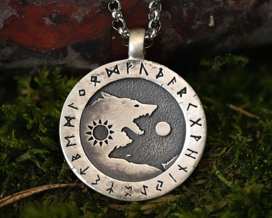 Viking Yin Yang Wolf Necklace Wolves Skoll and Hati Chasing Sun and Moon  Balance In Life - Full Set Futhark Runes - Algiz Tiwaz Fenrir - Baldur Jewelry