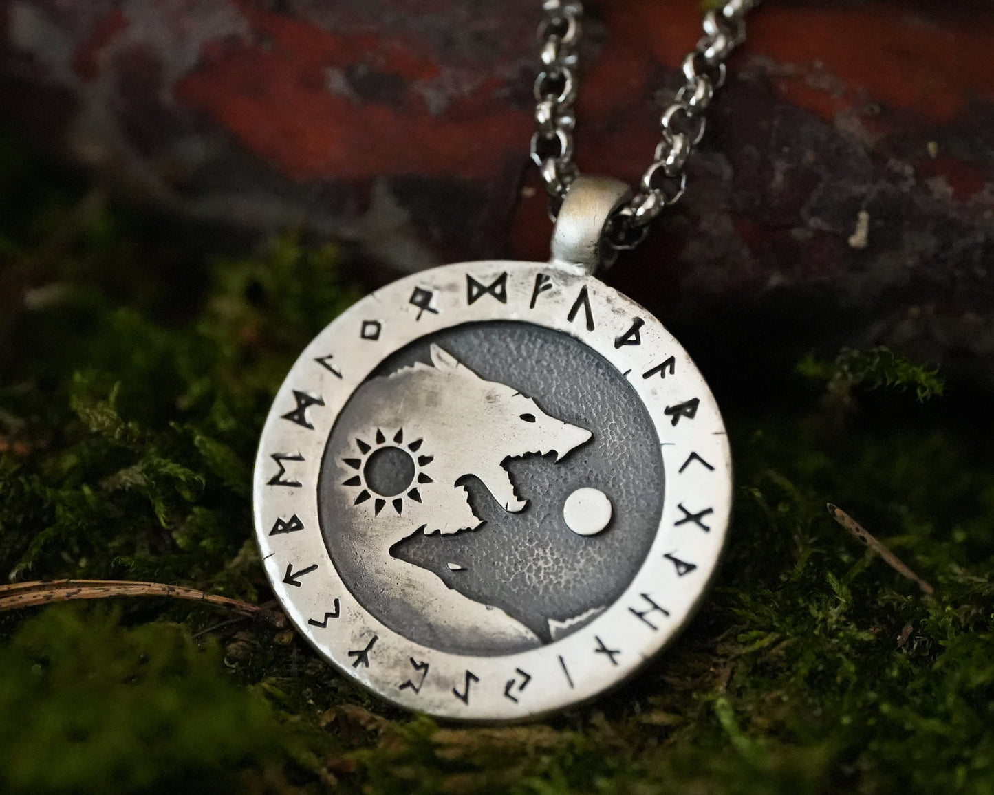 Viking Yin Yang Wolf Necklace Wolves Skoll and Hati Chasing Sun and Moon Balance In Life - Full Set Futhark Runes - Algiz Tiwaz Fenrir - Baldur Jewelry