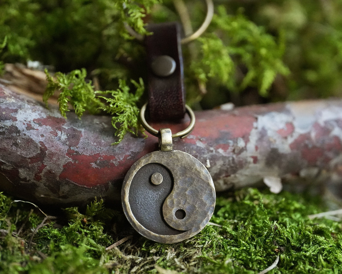Hand Hammered Ancient Looking Yin Yang Leather Keychain For Men and Women