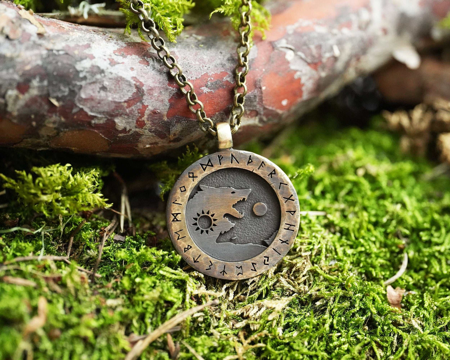 Viking Yin Yang Wolf Necklace Wolves Skoll and Hati Chasing Sun and Moon Balance In Life - Full Set Futhark Runes - Algiz Tiwaz Fenrir - Baldur Jewelry