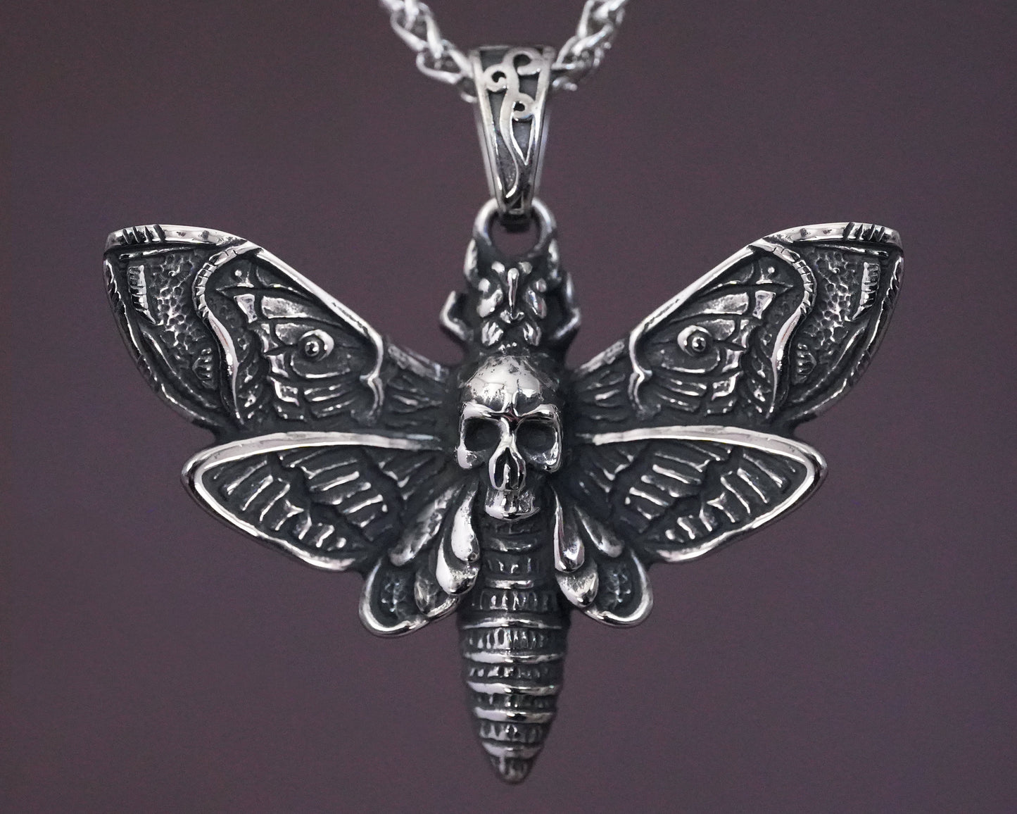 Death Skull Hawk Moth Necklace With Chain Stainless Steel - Gothic Transformation Life Cycle Symbol Moth pendant, Death Head Moth Large - Baldur Jewelry