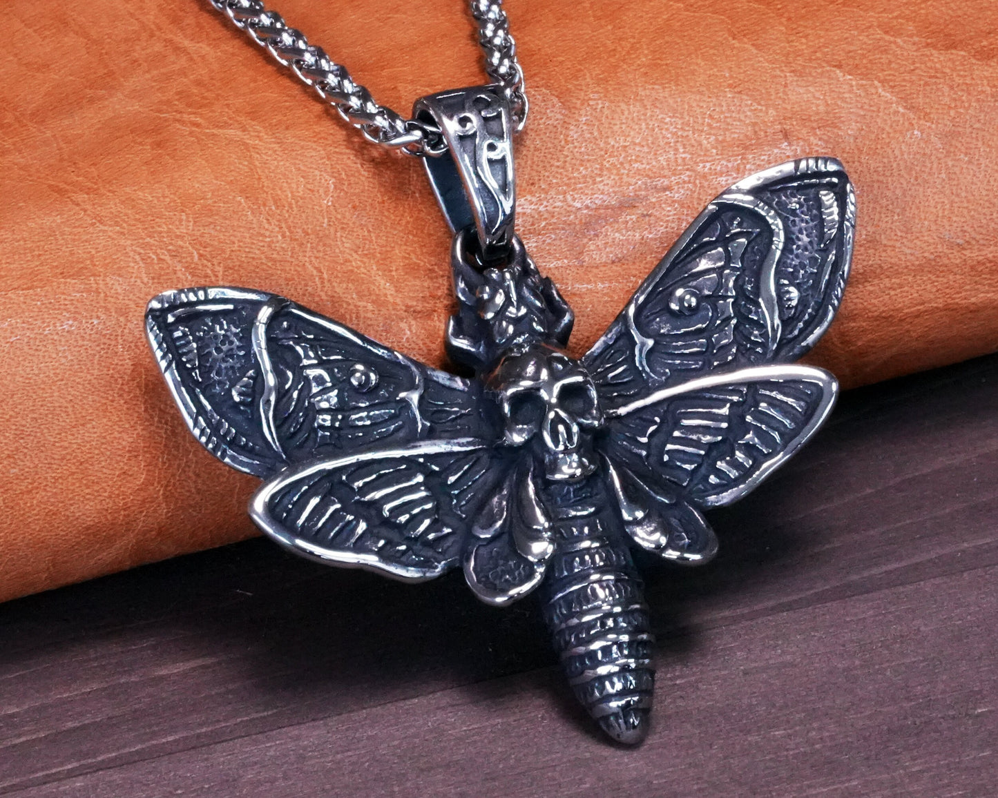 Death Skull Hawk Moth Necklace With Chain Stainless Steel - Gothic Transformation Life Cycle Symbol Moth pendant, Death Head Moth Large - Baldur Jewelry
