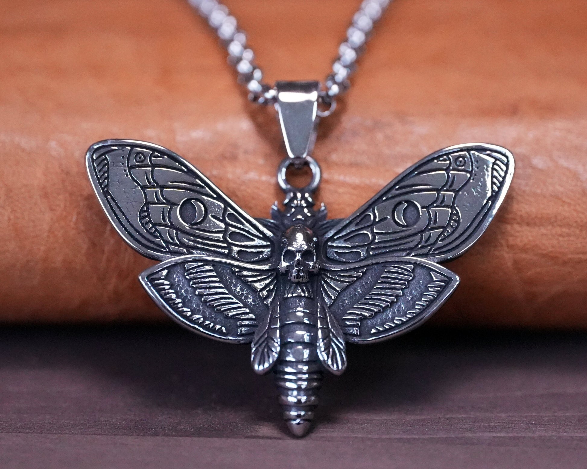 Death Skull Hawk Moth Necklace With Chain Stainless Steel - Gothic Transformation Life Cycle Symbol Moth pendant, Death Head Moth Large - Baldur Jewelry