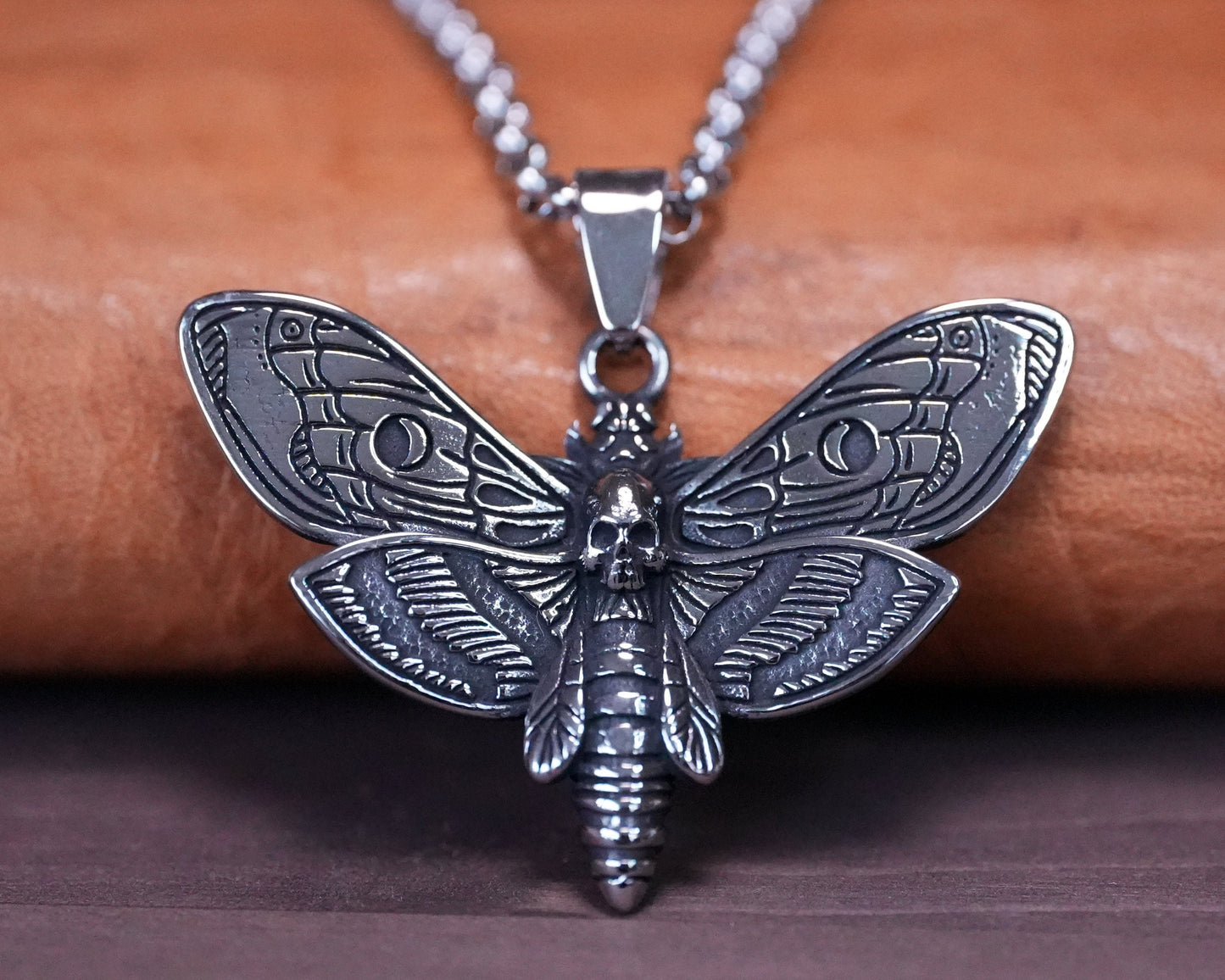 Death Skull Hawk Moth Necklace With Chain Stainless Steel - Gothic Transformation Life Cycle Symbol Moth pendant, Death Head Moth necklace - Baldur Jewelry
