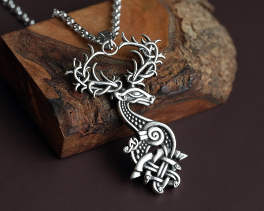 Viking Celtic White Stag Deer Antler Necklace Pendant Viking Knotwork, Symbol of Rebirth, Transformation, Untamed Spirit, Helper of Shaman - Baldur Jewelry