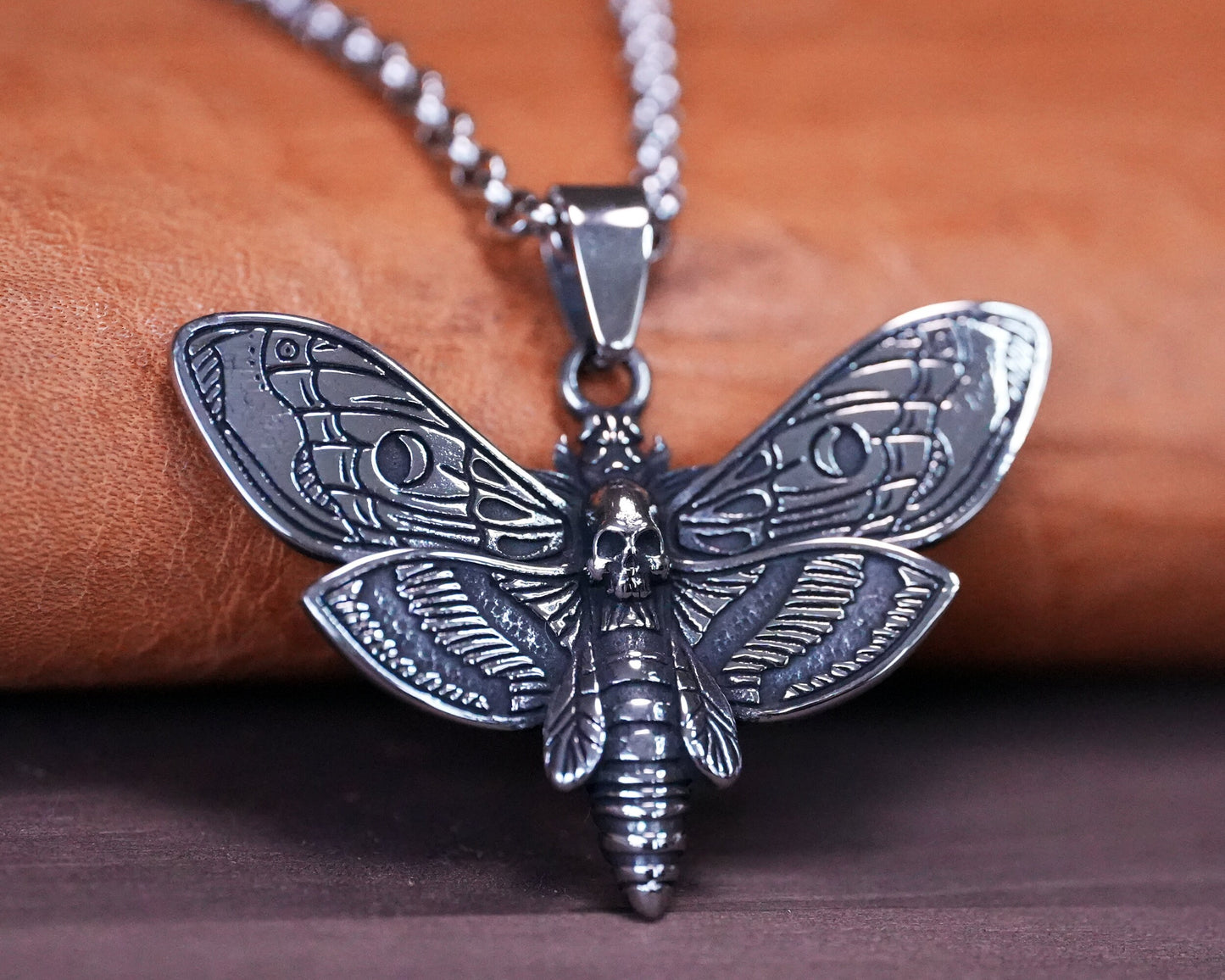 Death Skull Hawk Moth Necklace With Chain Stainless Steel - Gothic Transformation Life Cycle Symbol Moth pendant, Death Head Moth Large - Baldur Jewelry