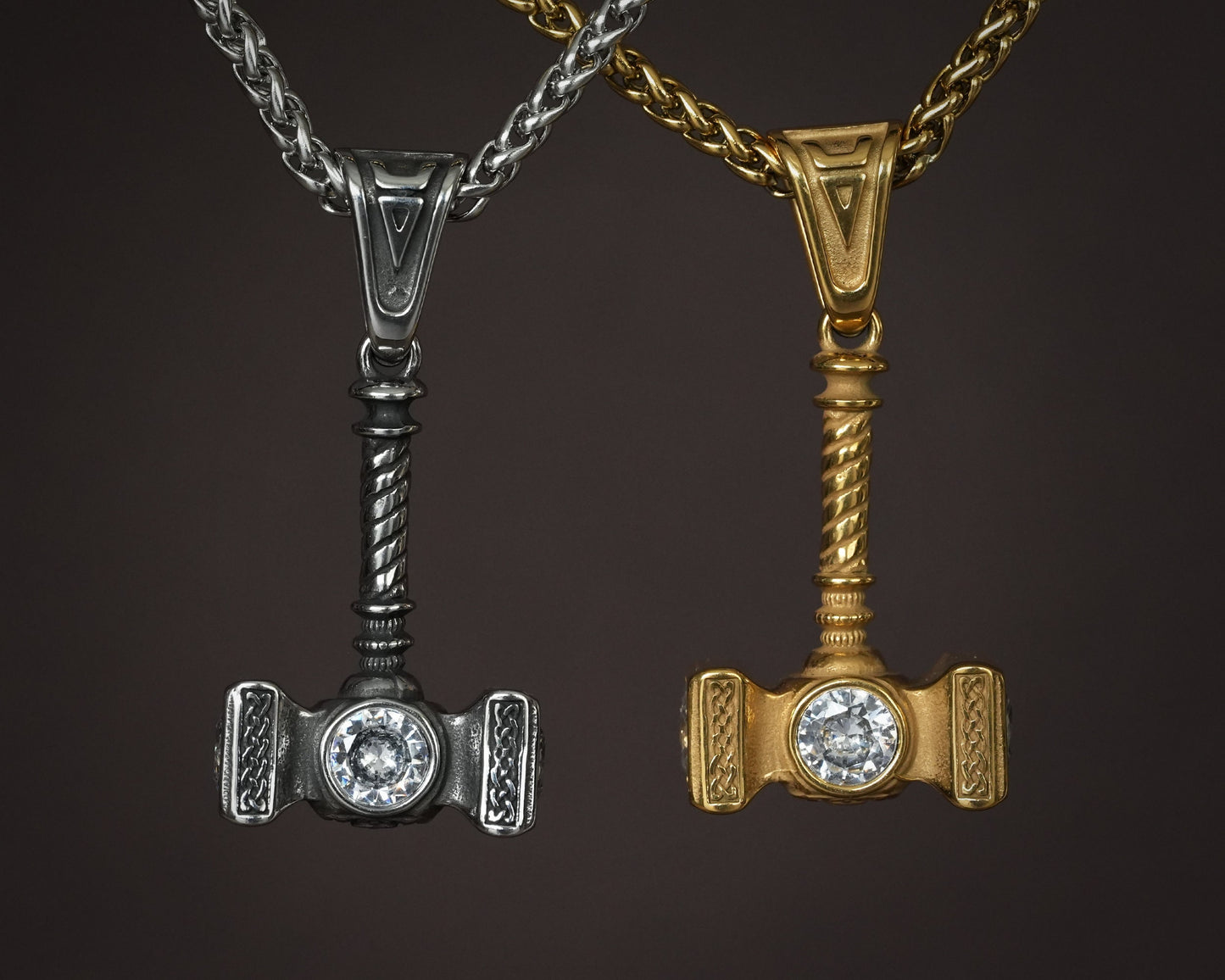 Handmade Viking Thor Hammer with Gemstone Crystals Necklace Pendant For Men and Women With Strong 22 Inches Long Chain, Golden / Silver - Baldur Jewelry