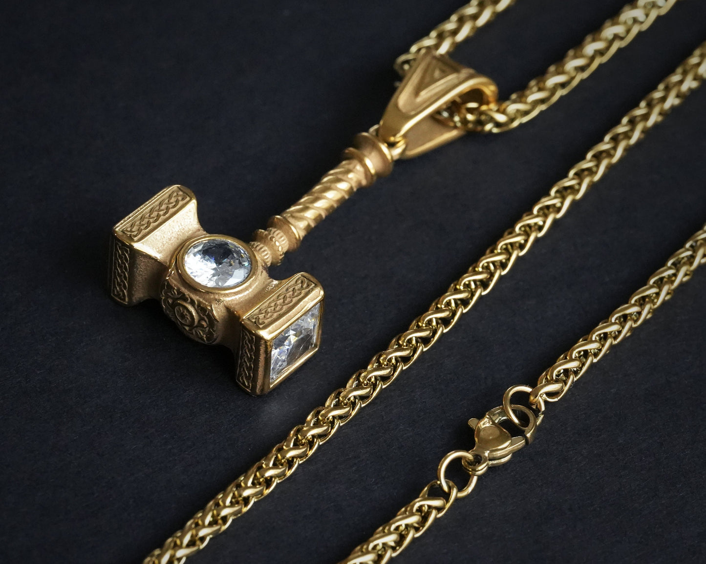 Handmade Viking Thor Hammer with Gemstone Crystals Necklace Pendant For Men and Women With Strong 22 Inches Long Chain, Golden / Silver - Baldur Jewelry