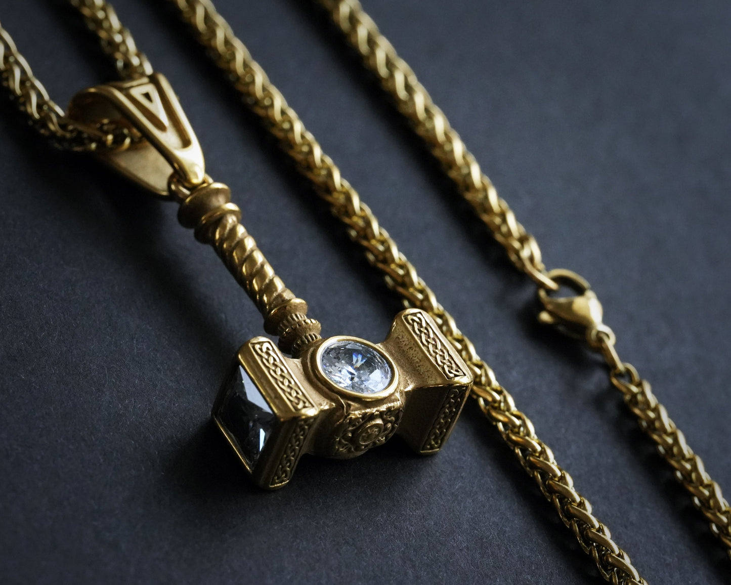 Handmade Viking Thor Hammer with Gemstone Crystals Necklace Pendant For Men and Women With Strong 22 Inches Long Chain, Golden / Silver - Baldur Jewelry