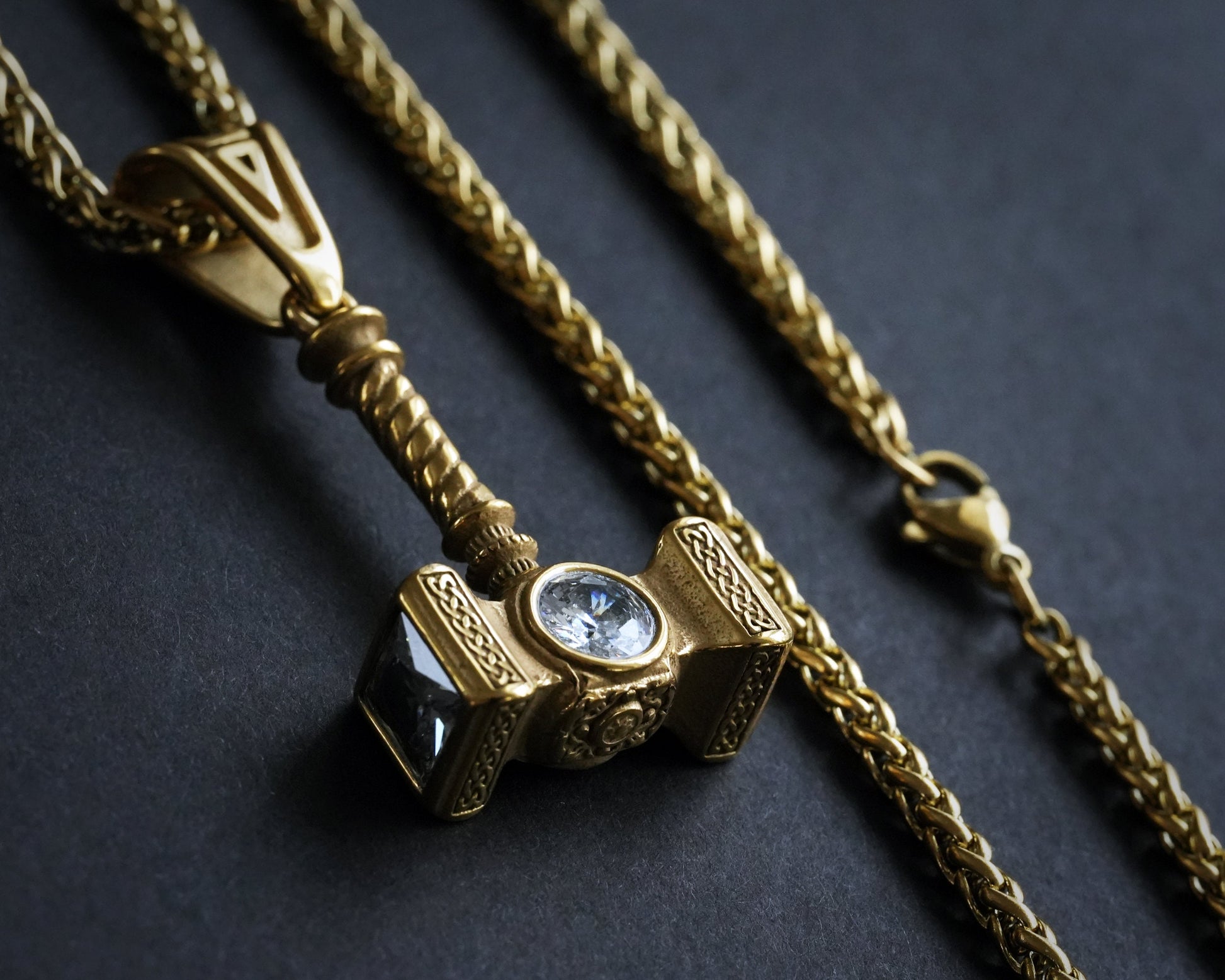 Handmade Viking Thor Hammer with Gemstone Crystals Necklace Pendant For Men and Women With Strong 22 Inches Long Chain, Golden / Silver - Baldur Jewelry