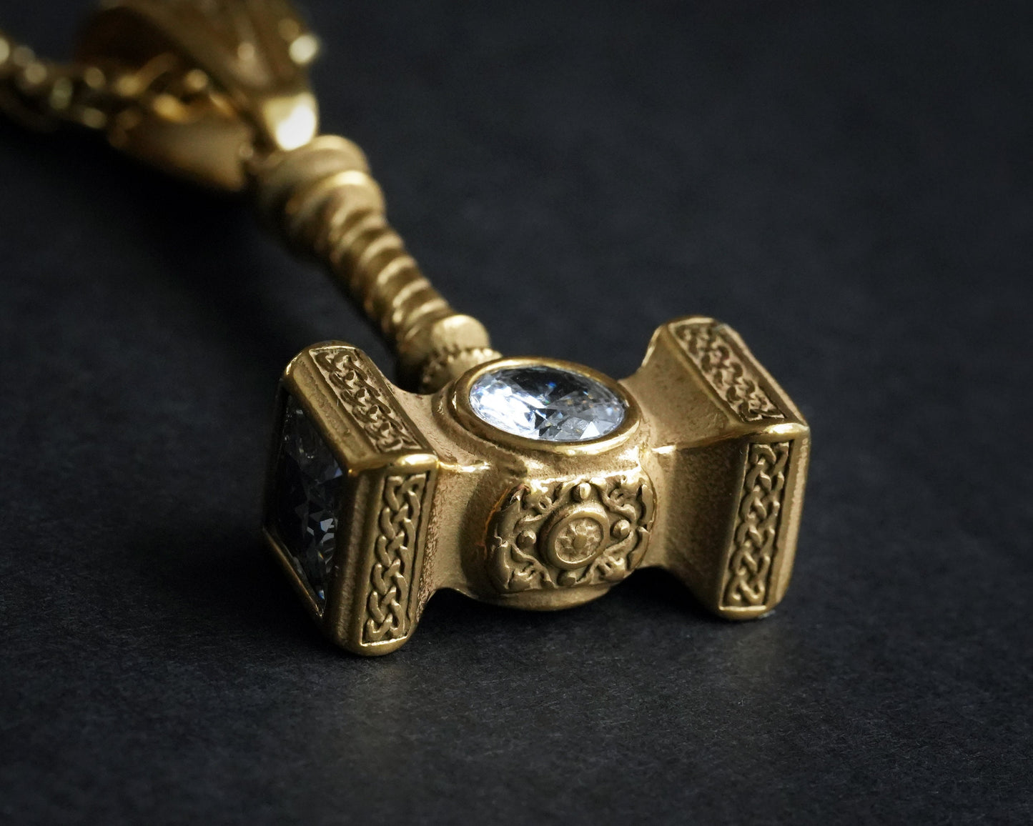 Handmade Viking Thor Hammer with Gemstone Crystals Necklace Pendant For Men and Women With Strong 22 Inches Long Chain, Golden / Silver - Baldur Jewelry
