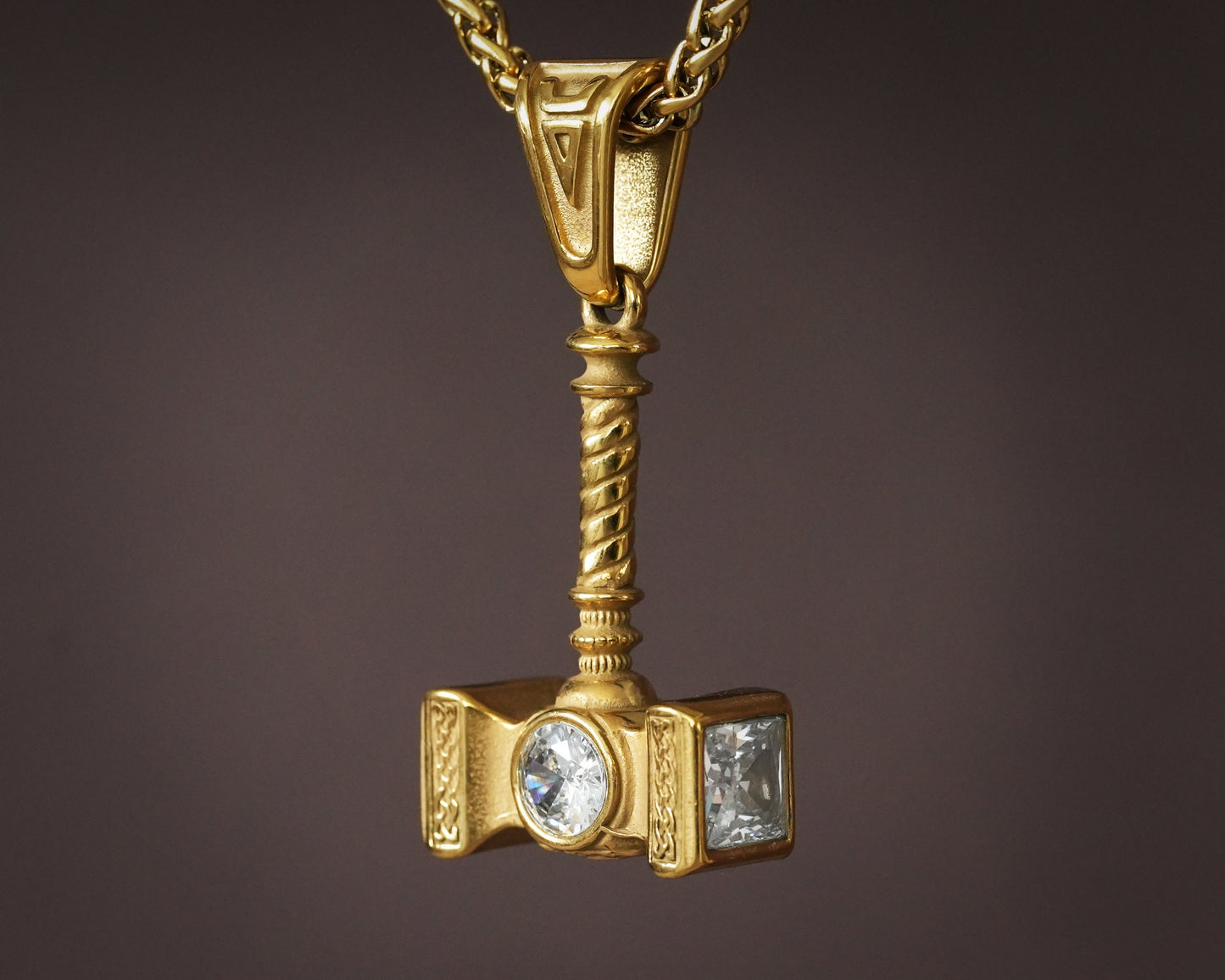 Handmade Viking Thor Hammer with Gemstone Crystals Necklace Pendant For Men and Women With Strong 22 Inches Long Chain, Golden / Silver - Baldur Jewelry