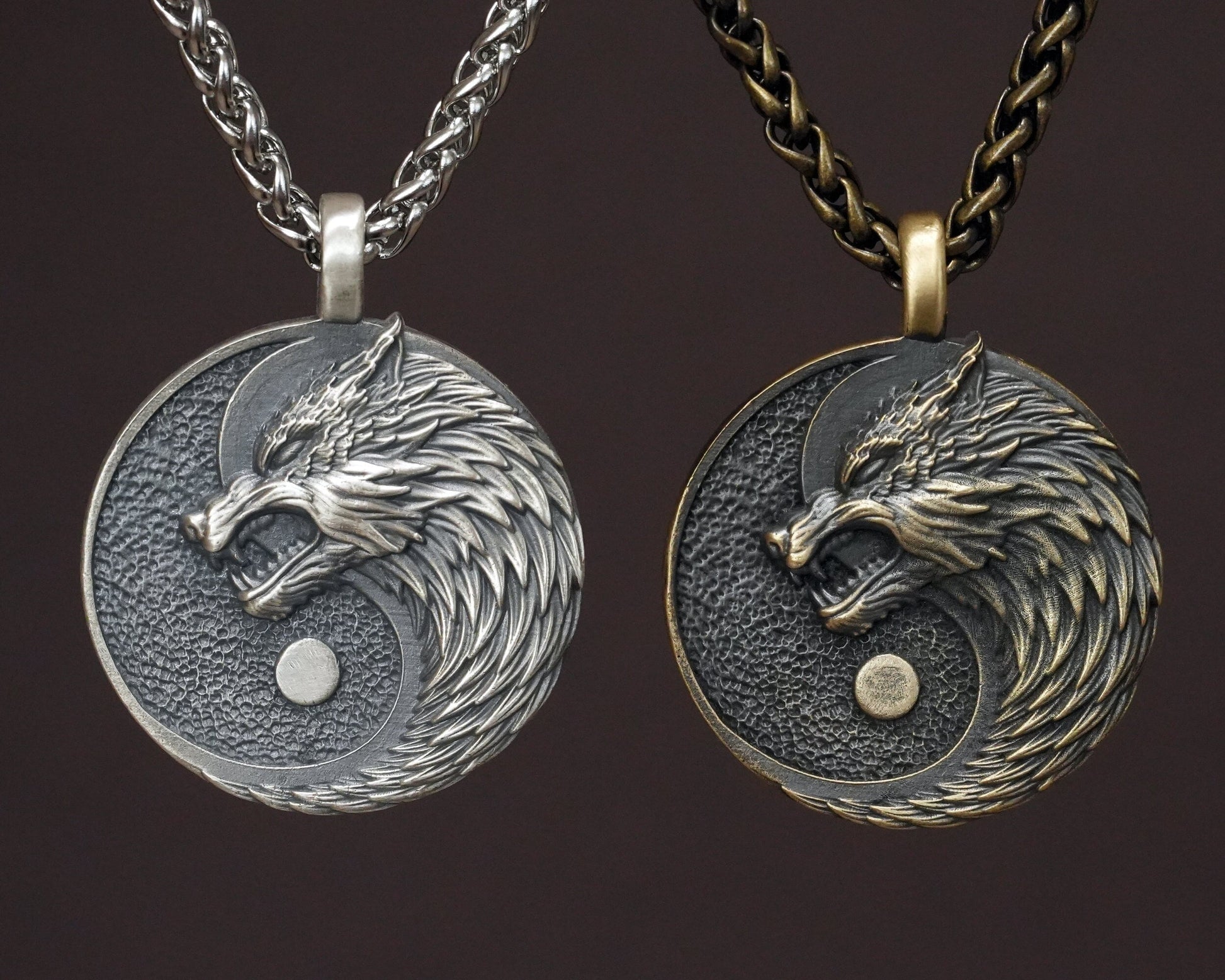 Wolf Yin Yang Necklace Pendant Jewelry - Wolves Amulet Gift - Solid Brass / 925 Sterling Silver -  Lovers and Friendship Best Friend Symbol - Baldur Jewelry