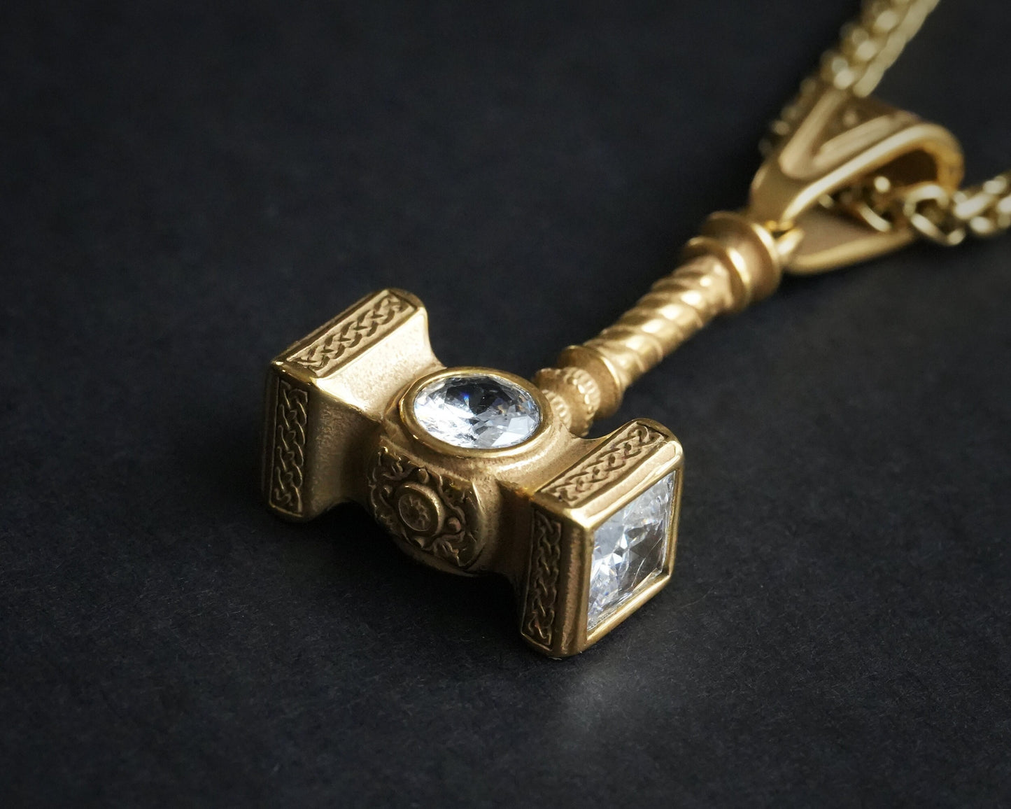Handmade Viking Thor Hammer with Gemstone Crystals Necklace Pendant For Men and Women With Strong 22 Inches Long Chain, Golden / Silver - Baldur Jewelry