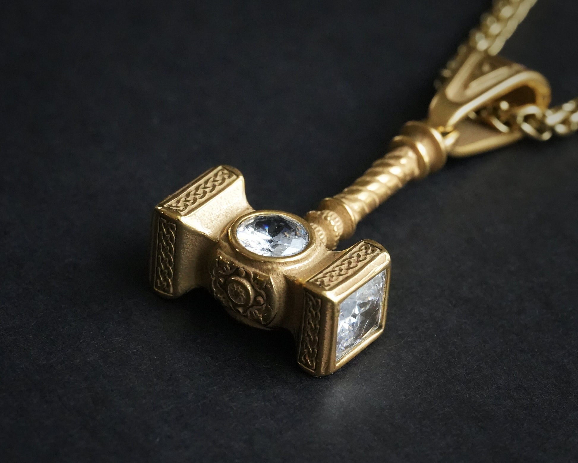Handmade Viking Thor Hammer with Gemstone Crystals Necklace Pendant For Men and Women With Strong 22 Inches Long Chain, Golden / Silver - Baldur Jewelry