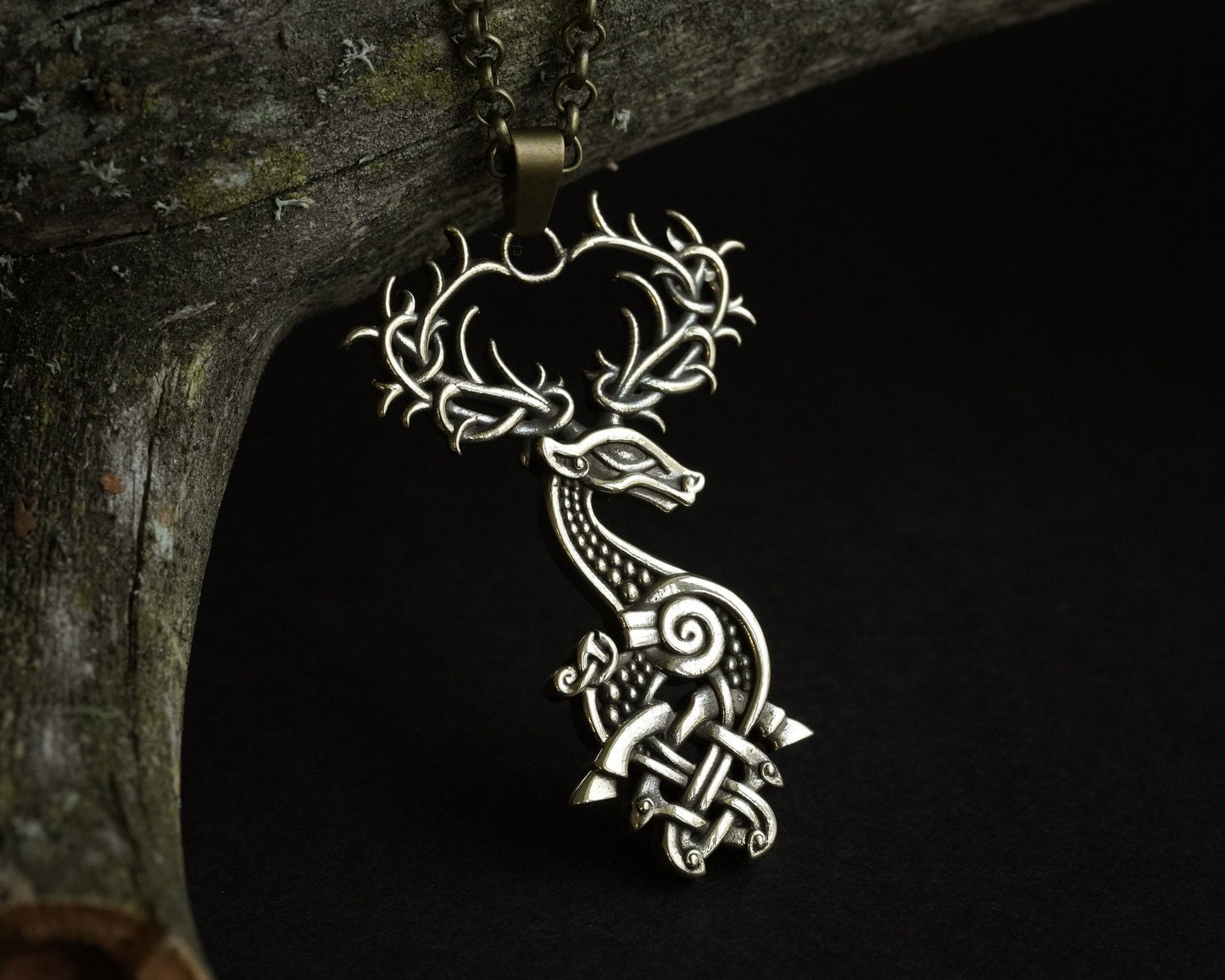 Viking Celtic White Stag Deer Antler Necklace Pendant Viking Knotwork, Symbol of Rebirth, Transformation, Untamed Spirit, Helper of Shaman - Baldur Jewelry
