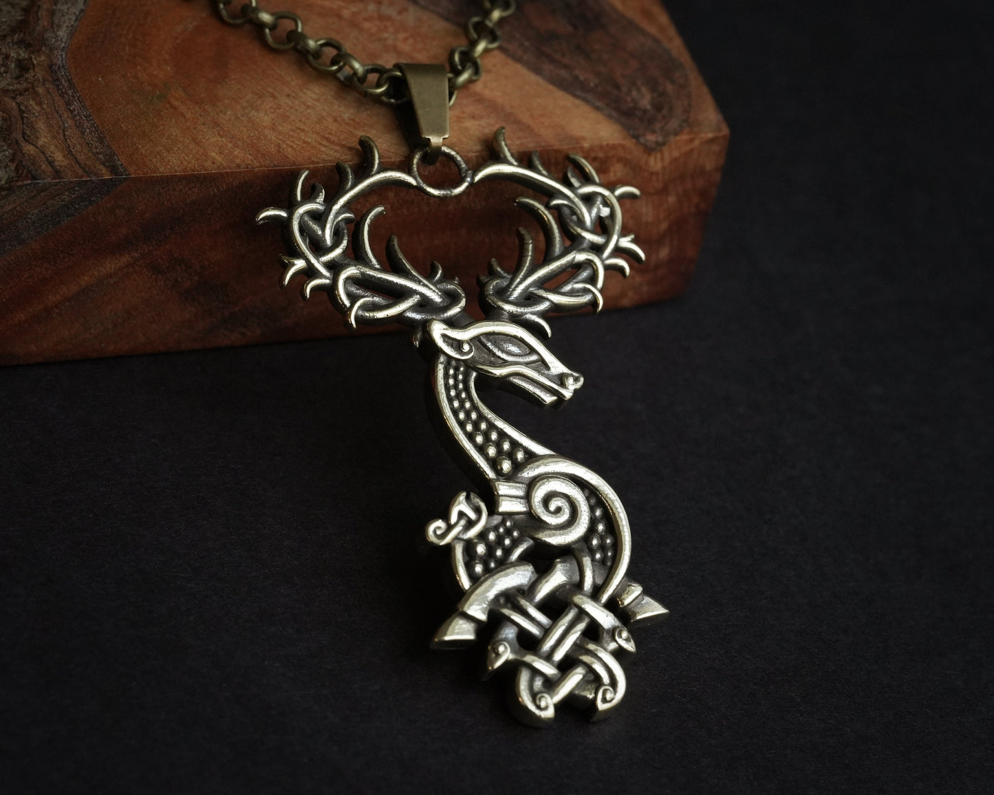 Viking Celtic White Stag Deer Antler Necklace Pendant Viking Knotwork, Symbol of Rebirth, Transformation, Untamed Spirit, Helper of Shaman - Baldur Jewelry