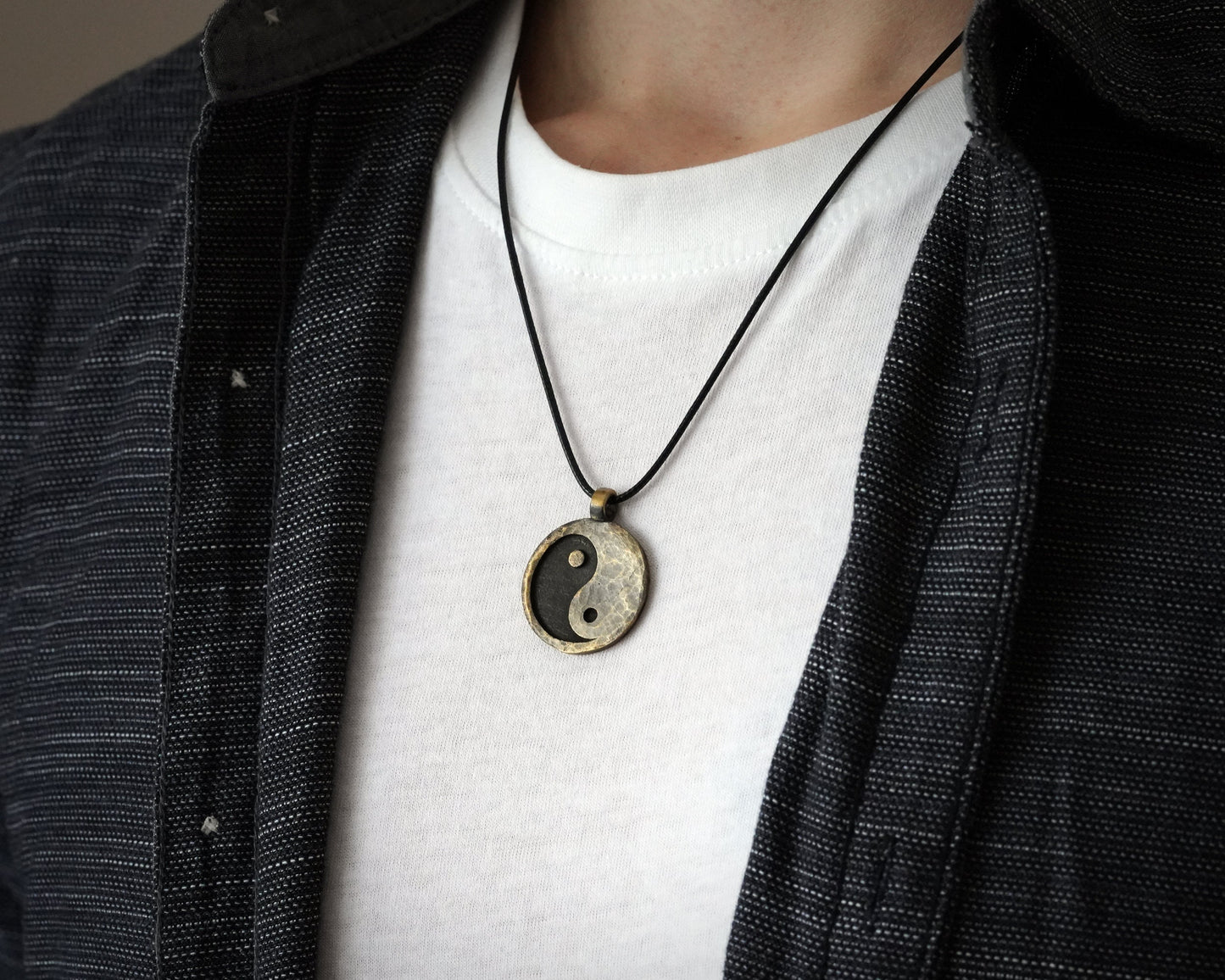 Hand Hammered Ancient Looking Yin Yang Necklace Pendant For Men and Women With Adjustable String - Baldur Jewelry