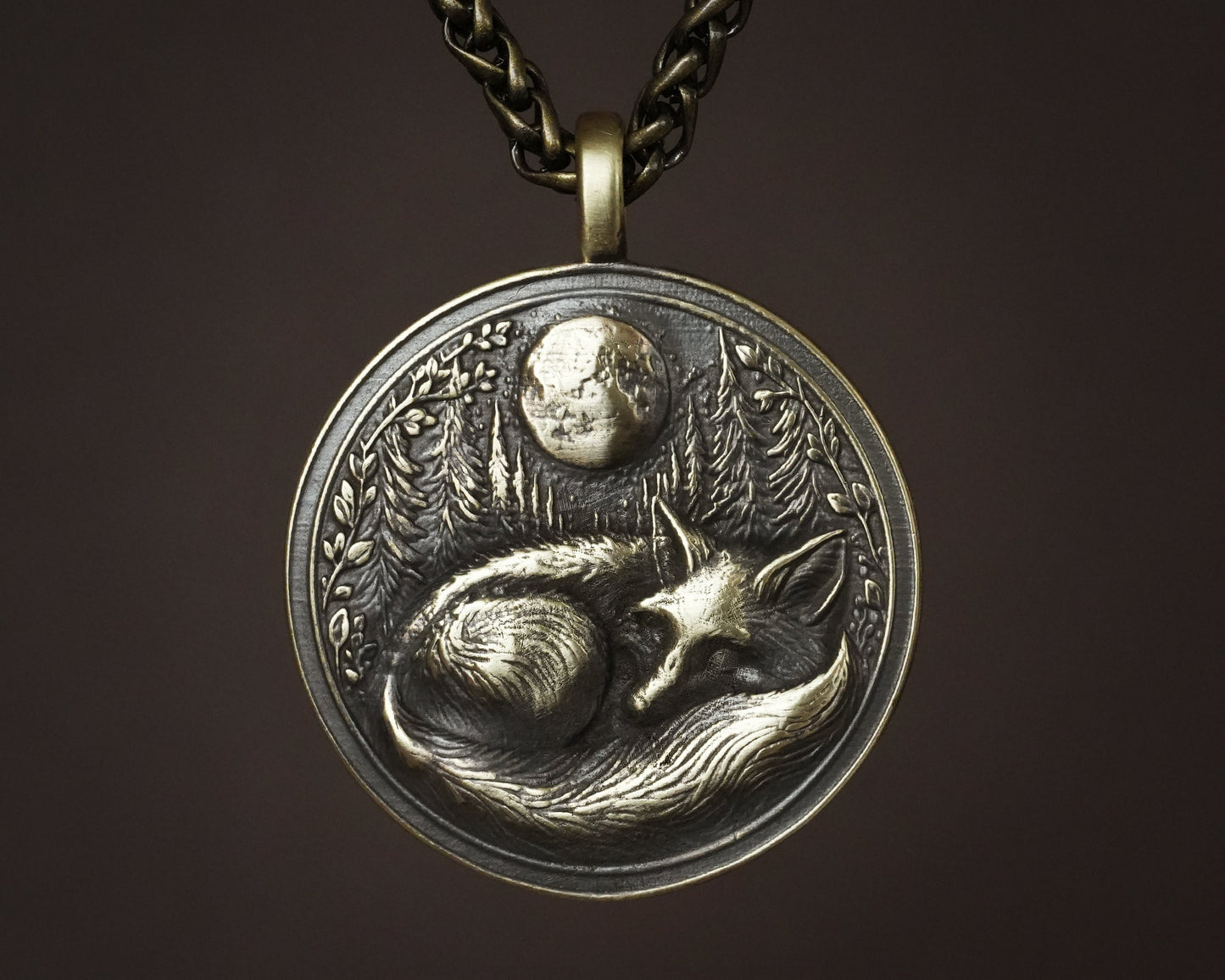 Sleeping Fox in Full Moon Forest Nature Necklace Pendant - Brass and Silver Casting - Handmade in Our Workshop - Comes With Chain - Jewelry - Baldur Jewelry