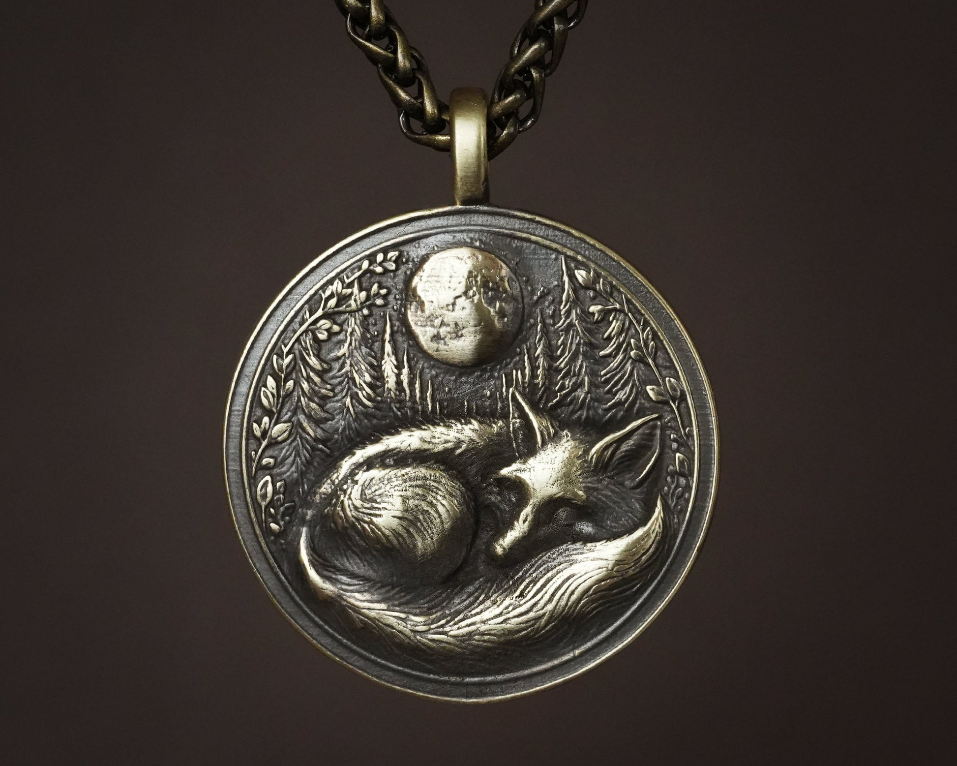 Sleeping Fox in Full Moon Forest Nature Necklace Pendant - Brass and Silver Casting - Handmade in Our Workshop - Comes With Chain - Jewelry - Baldur Jewelry