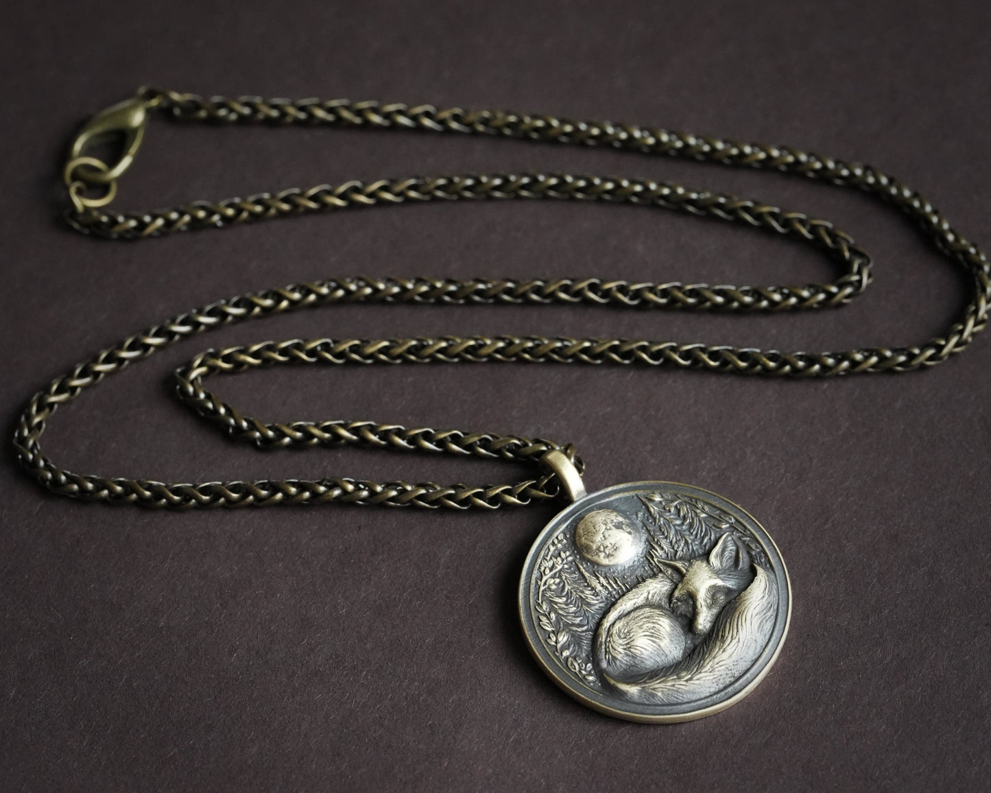 Sleeping Fox in Full Moon Forest Nature Necklace Pendant - Brass and Silver Casting - Handmade in Our Workshop - Comes With Chain - Jewelry - Baldur Jewelry