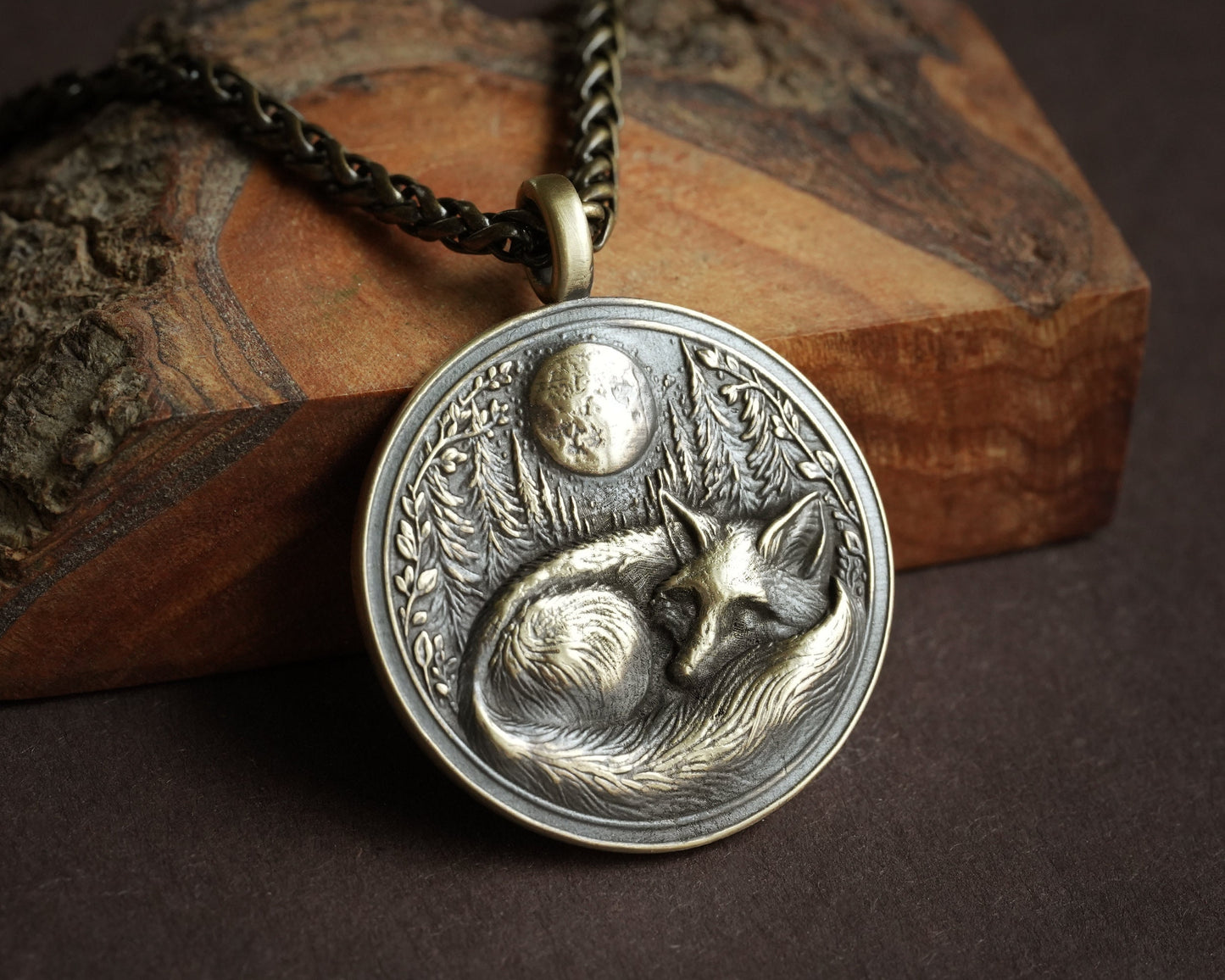 Sleeping Fox in Full Moon Forest Nature Necklace Pendant - Brass and Silver Casting - Handmade in Our Workshop - Comes With Chain - Jewelry - Baldur Jewelry