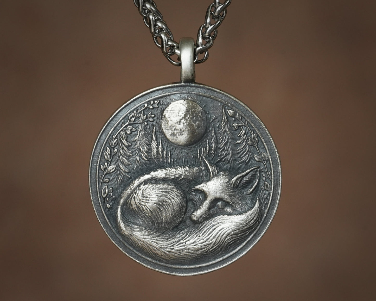 Sleeping Fox in Full Moon Forest Nature Necklace Pendant - Brass and Silver Casting - Handmade in Our Workshop - Comes With Chain - Jewelry - Baldur Jewelry