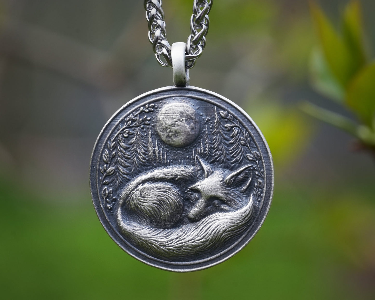 Sleeping Fox in Full Moon Forest Nature Necklace Pendant - Brass and Silver Casting - Handmade in Our Workshop - Comes With Chain - Jewelry - Baldur Jewelry