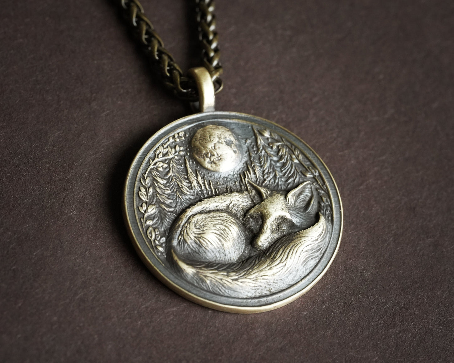Sleeping Fox in Full Moon Forest Nature Necklace Pendant - Brass and Silver Casting - Handmade in Our Workshop - Comes With Chain - Jewelry - Baldur Jewelry
