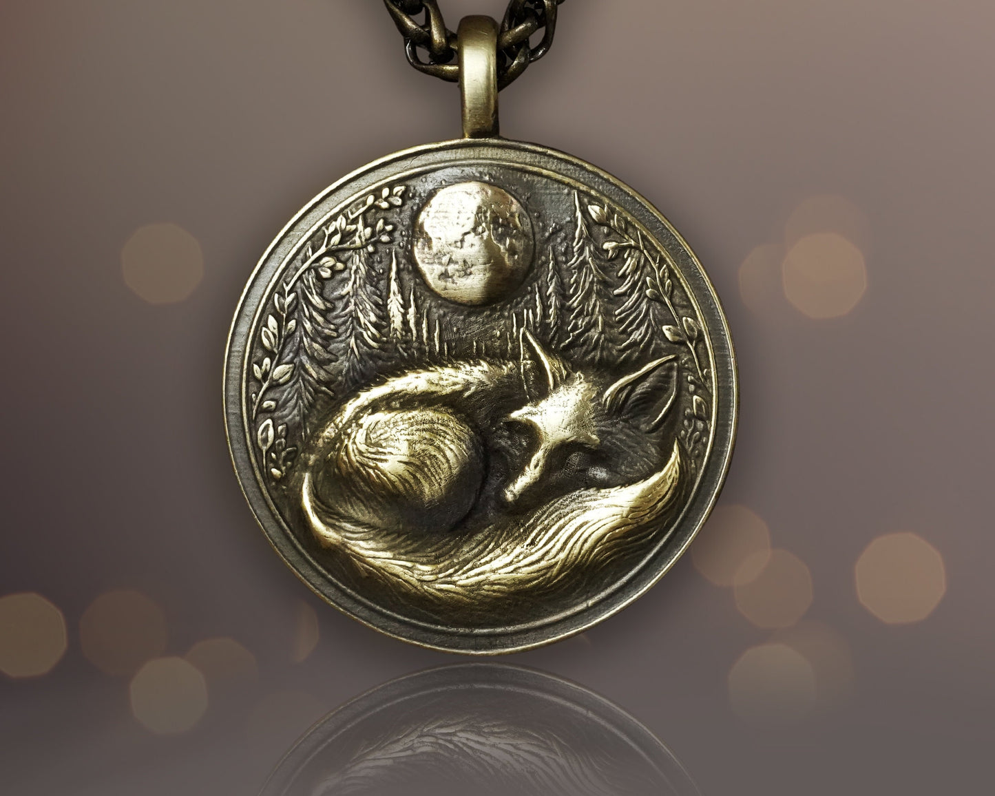 Sleeping Fox in Full Moon Forest Nature Necklace Pendant - Brass and Silver Casting - Handmade in Our Workshop - Comes With Chain - Jewelry - Baldur Jewelry