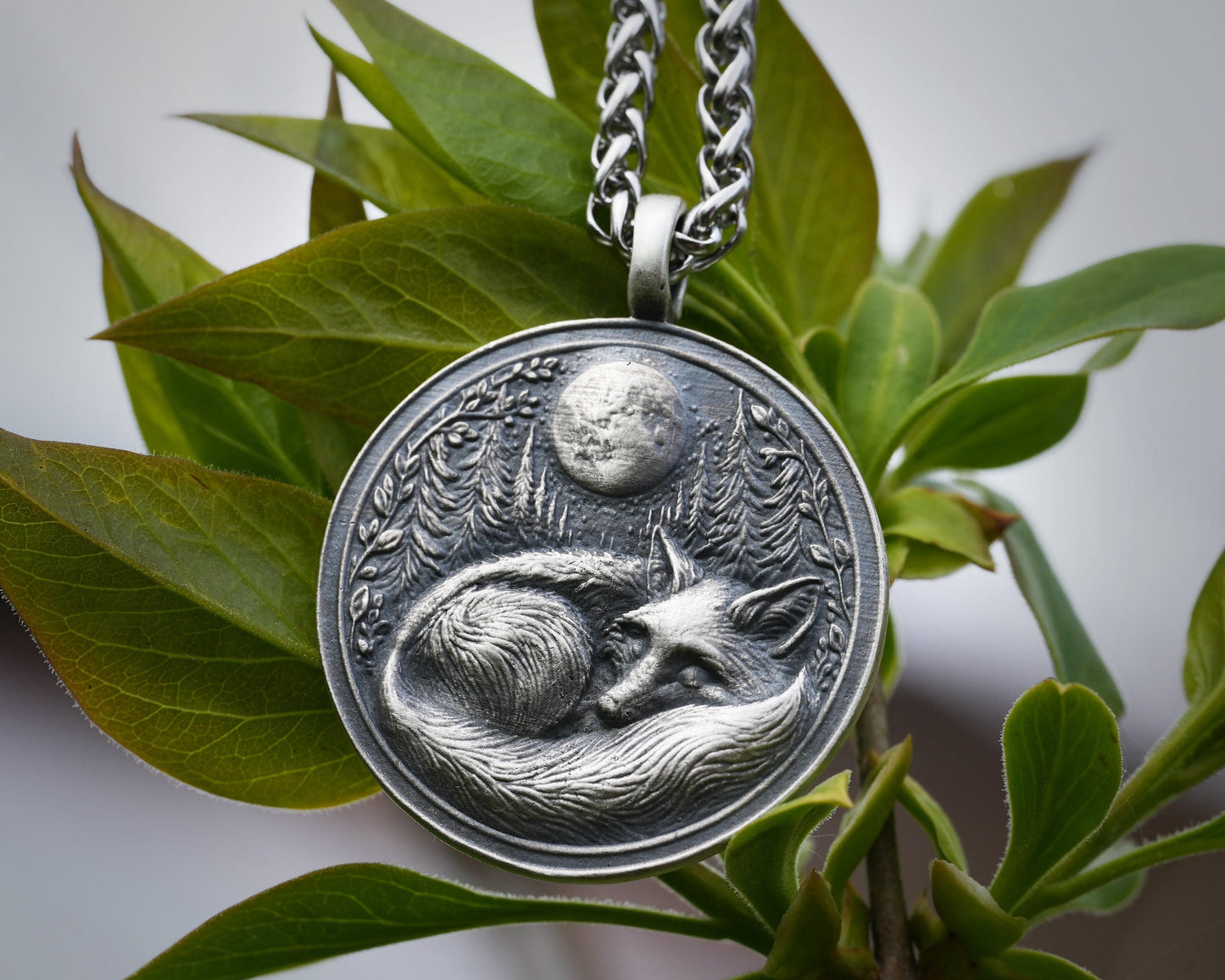 Sleeping Fox in Full Moon Forest Nature Necklace Pendant - Brass and Silver Casting - Handmade in Our Workshop - Comes With Chain - Jewelry - Baldur Jewelry