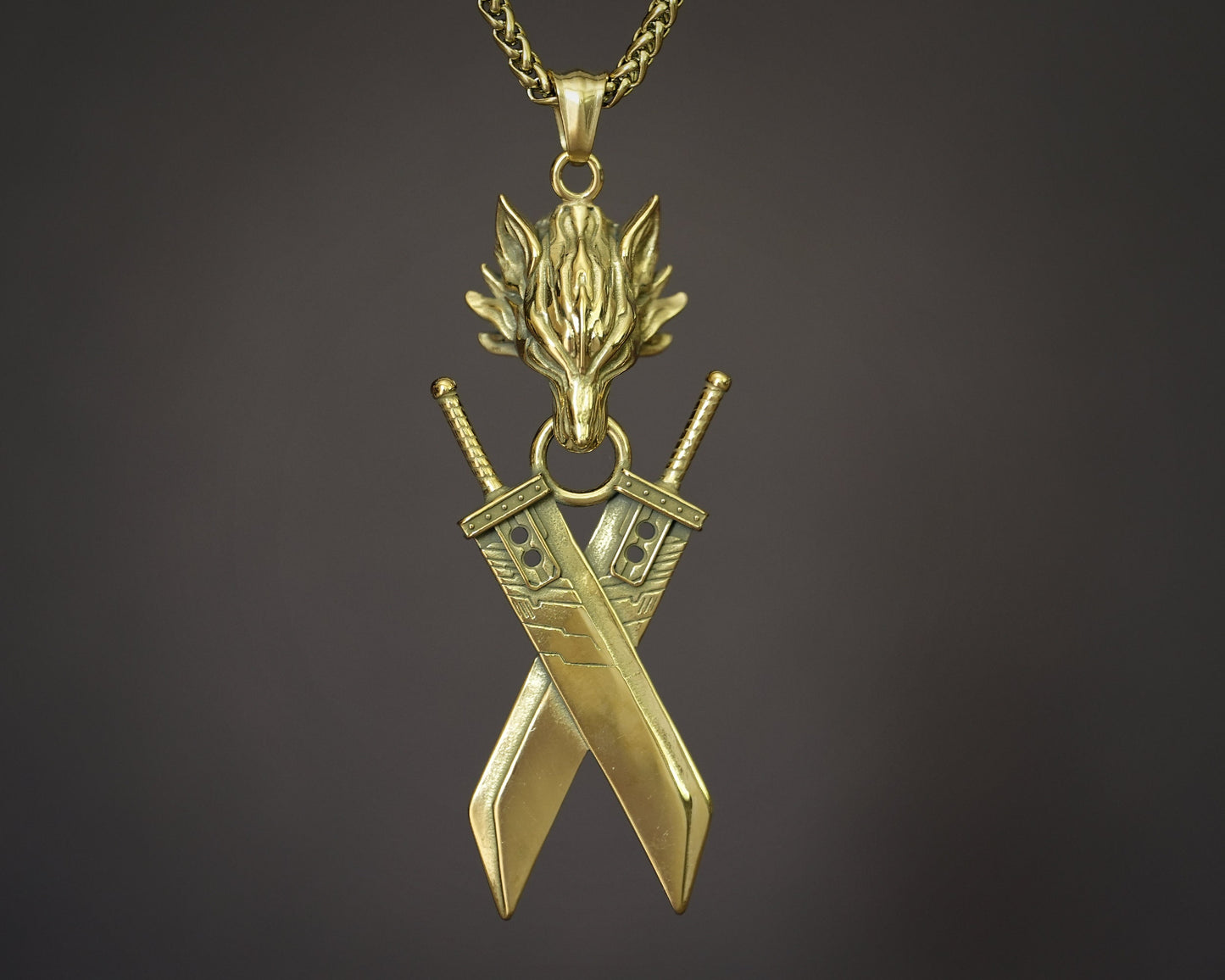 Extra Large Golden Silver Final VII Cloud Buster Double Sword with Lion head Fantasy Necklace Pendant Jewelry Keychain - Baldur Jewelry