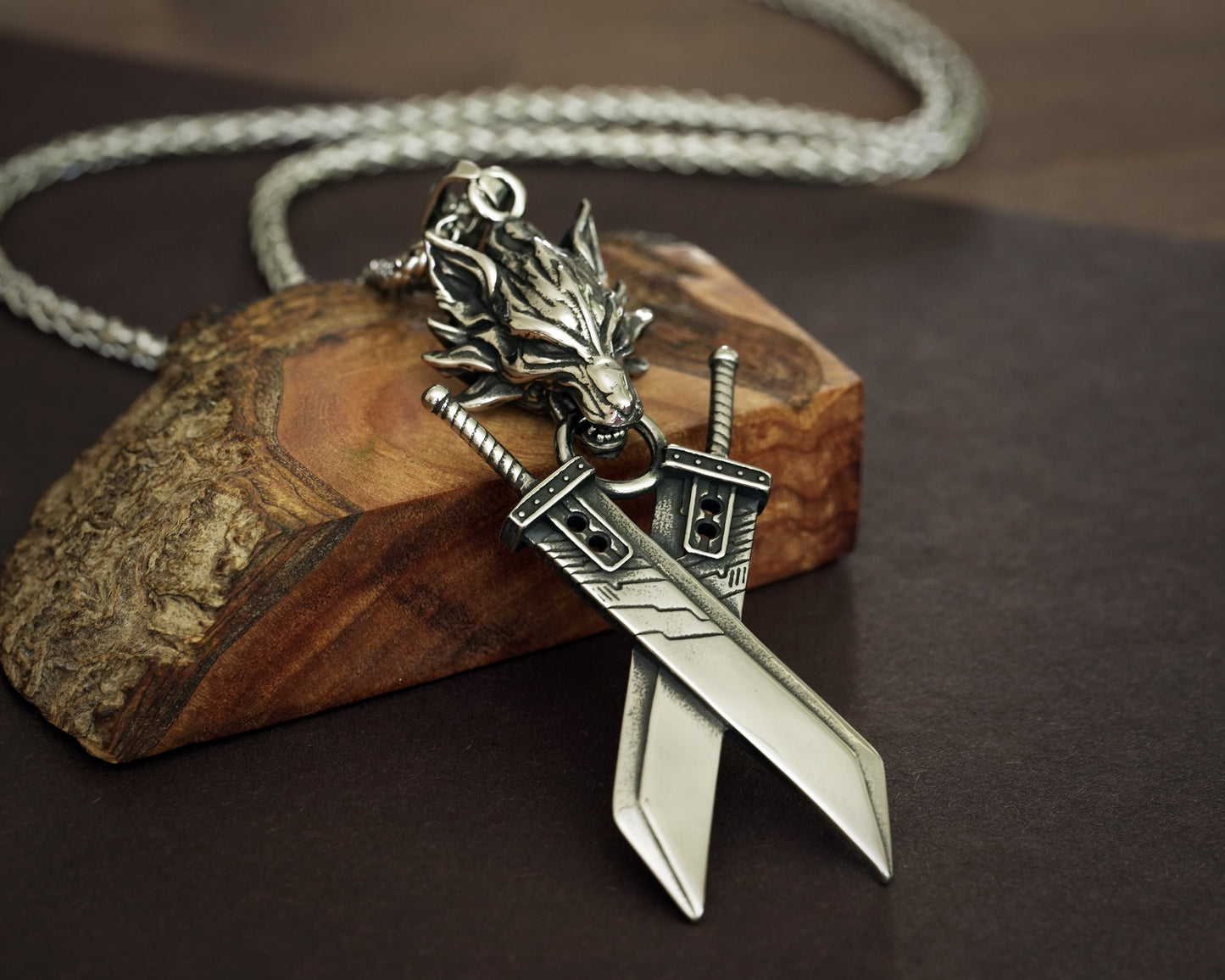 Extra Large Golden Silver Final VII Cloud Buster Double Sword with Lion head Fantasy Necklace Pendant Jewelry Keychain - Baldur Jewelry