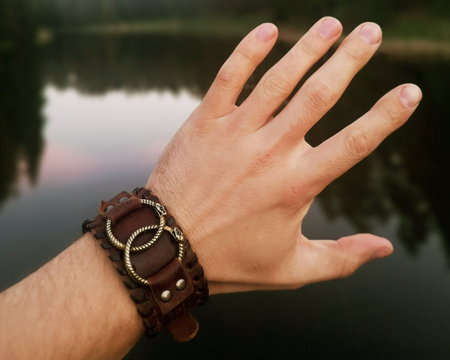 Genuine Leather Bracelet With Ouroboros Snake viper Ring For Men Women, Adjustable Wrap, Ethnic Tribal Braided Bracelet Wristbands Iternity - Baldur Jewelry