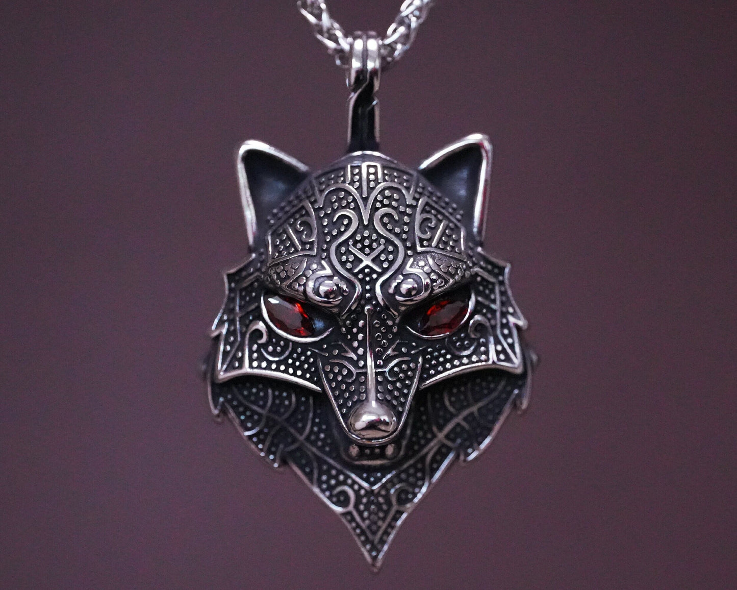 Large Wolf Head Necklace With Red Glass Gemstones For Men And Women Hypoallergenic Viking Fenrir Geri Freki Skoll Hati Pendant - Baldur Jewelry
