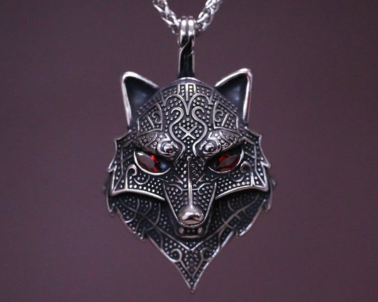 Large Wolf Head Necklace With Red Glass Gemstones For Men And Women Hypoallergenic Viking Fenrir Geri Freki Skoll Hati Pendant - Baldur Jewelry