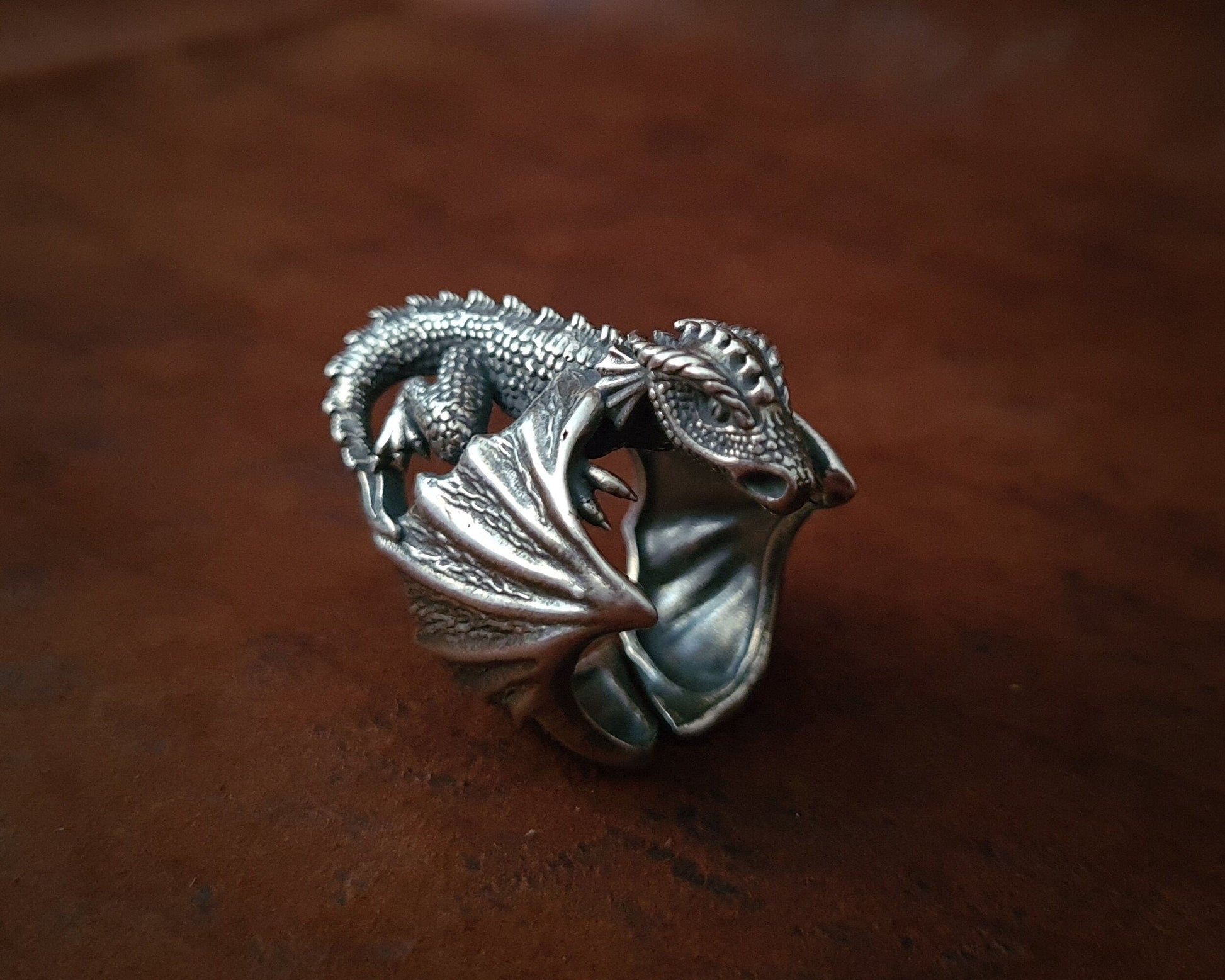 Large 925 Sterling Silver Dragon Celtic Fantasy Viking Adjustable Ring - Baldur Jewelry