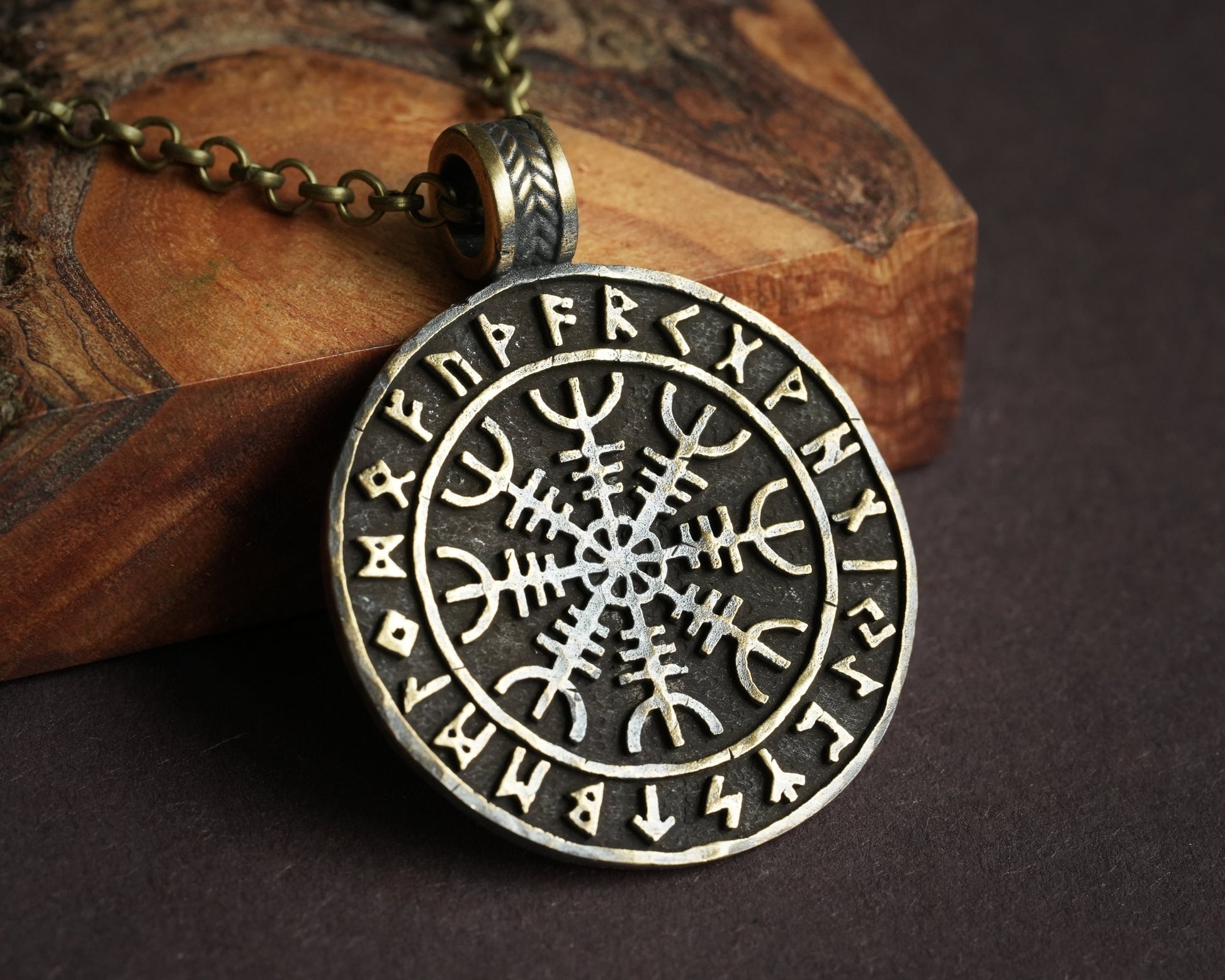 Viking Norse  Aegishjalmur Helm of Awe With Runes Protection Pendant Necklace Amulet Talisman With Chain - Baldur Jewelry