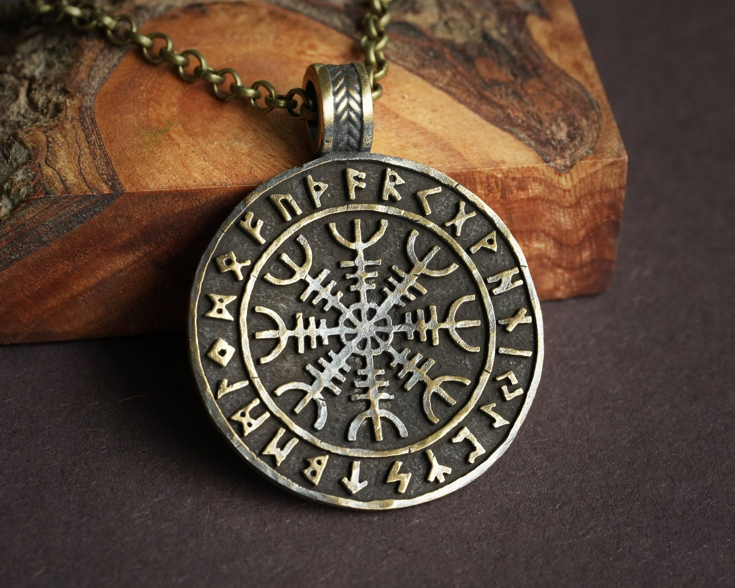 Viking Norse Aegishjalmur Helm of Awe With Runes Protection Pendant Necklace Amulet Talisman With Chain - Baldur Jewelry