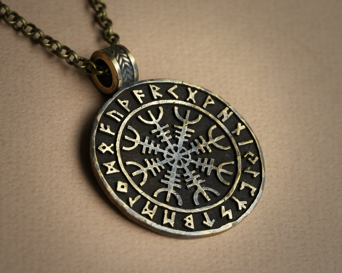 Viking Norse Aegishjalmur Helm of Awe With Runes Protection Pendant Necklace Amulet Talisman With Chain - Baldur Jewelry