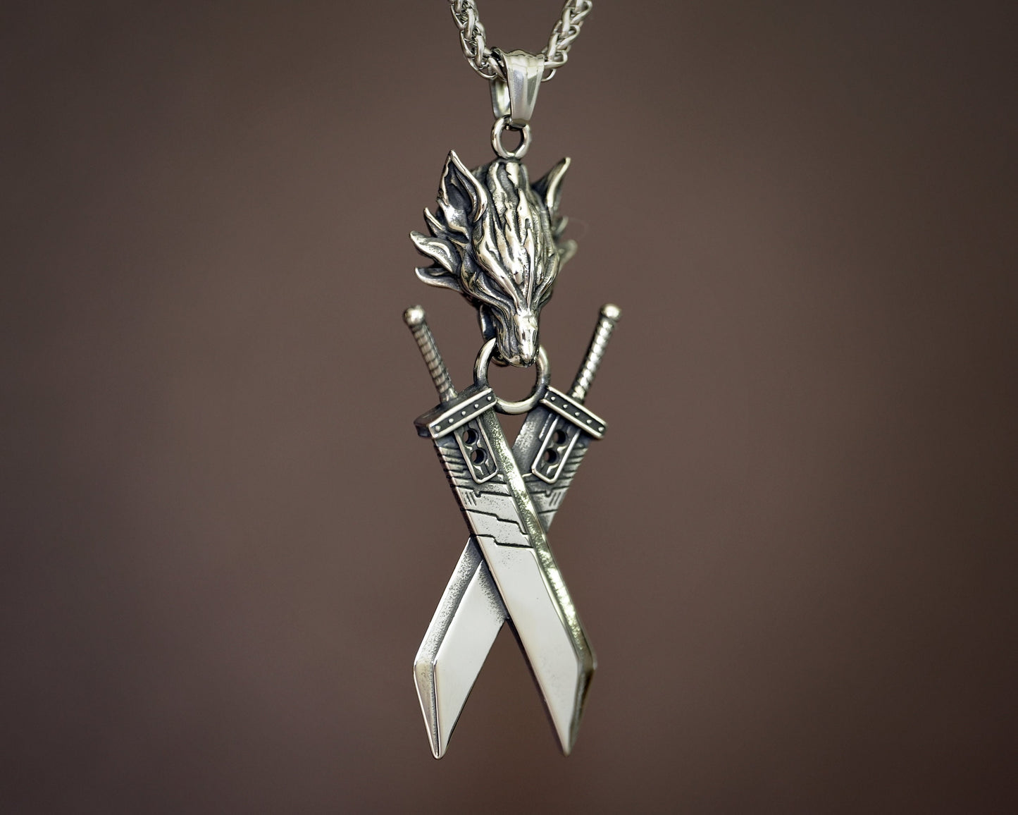Extra Large Golden Silver Final VII Cloud Buster Double Sword with Lion head Fantasy Necklace Pendant Jewelry Keychain - Baldur Jewelry