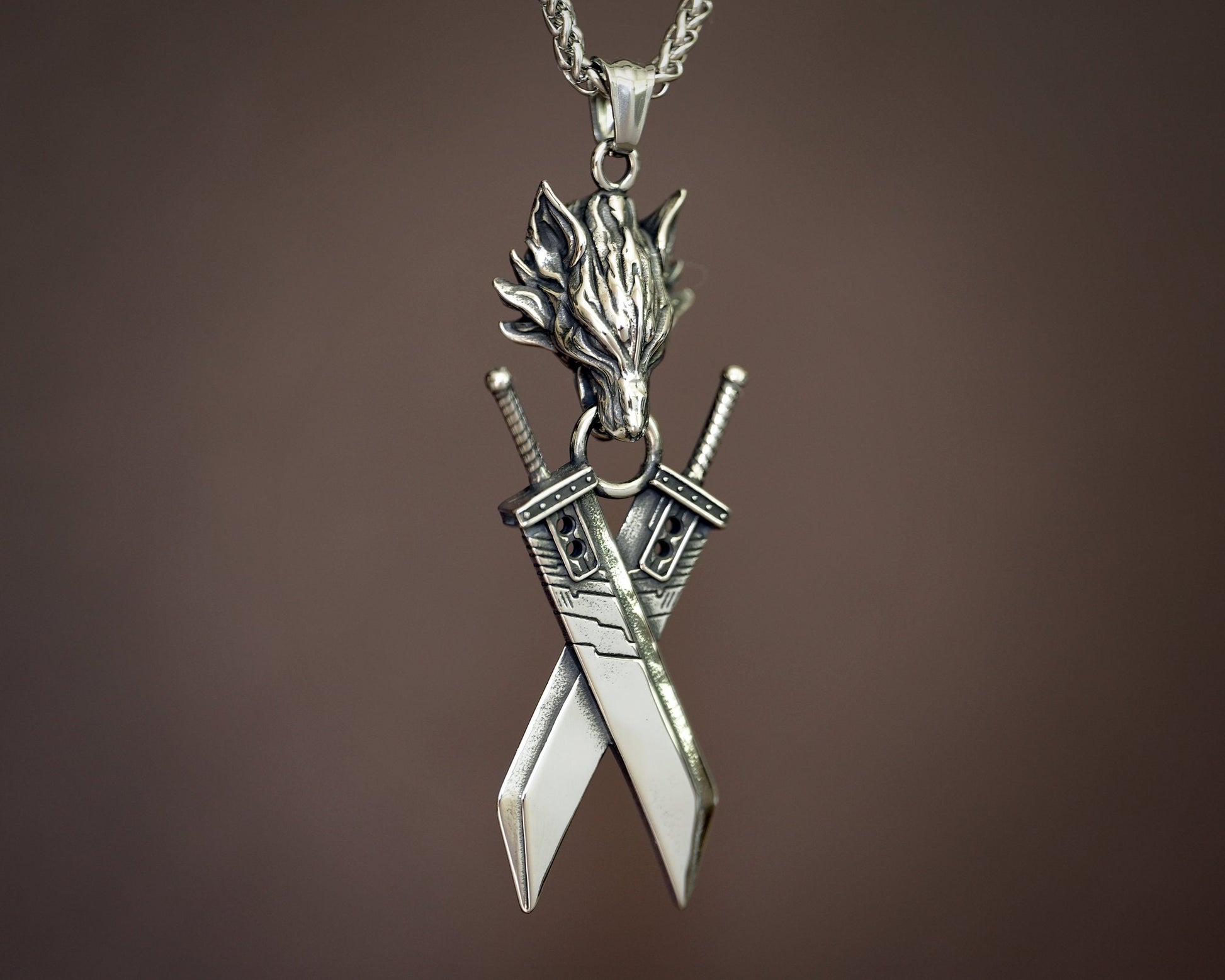 Extra Large Golden Silver Final VII Cloud Buster Double Sword with Lion head Fantasy Necklace Pendant Jewelry Keychain - Baldur Jewelry