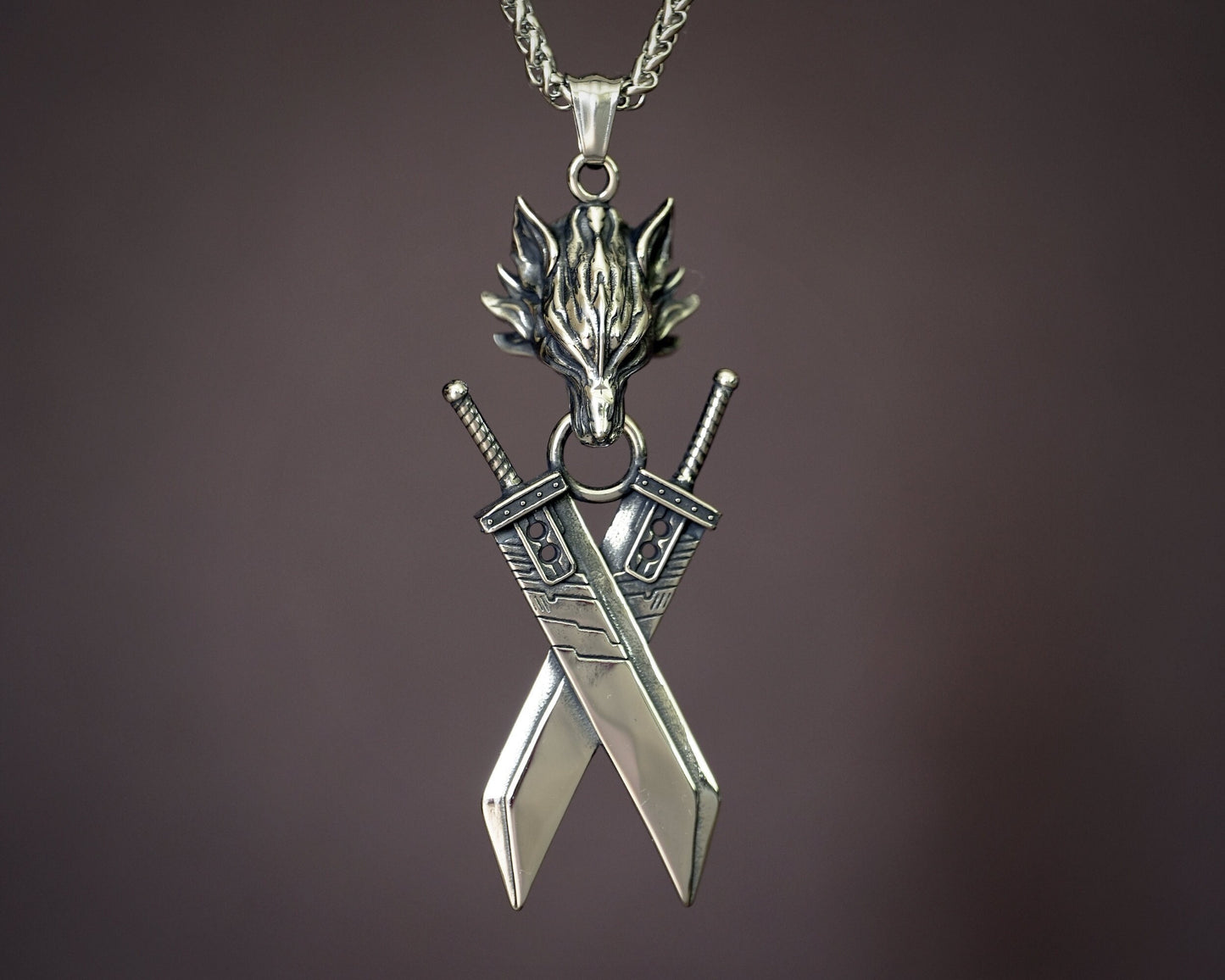 Extra Large Golden Silver Final VII Cloud Buster Double Sword with Lion head Fantasy Necklace Pendant Jewelry Keychain - Baldur Jewelry