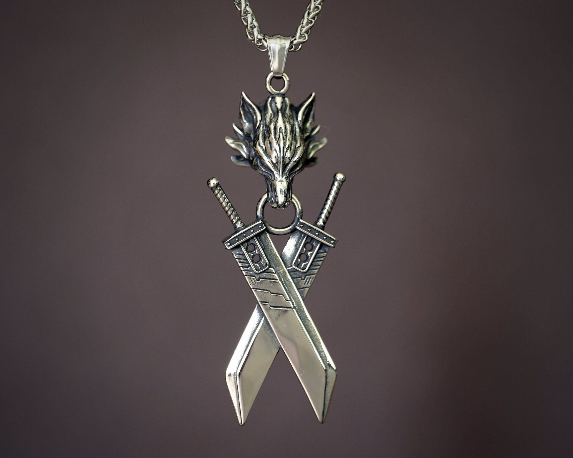 Extra Large Golden Silver Final VII Cloud Buster Double Sword with Lion head Fantasy Necklace Pendant Jewelry Keychain - Baldur Jewelry