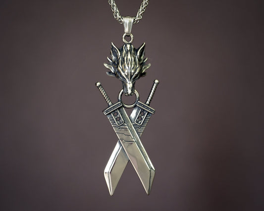 Extra Large Golden Silver Final VII Cloud Buster Double Sword with Lion head Fantasy Necklace Pendant Jewelry Keychain - Baldur Jewelry