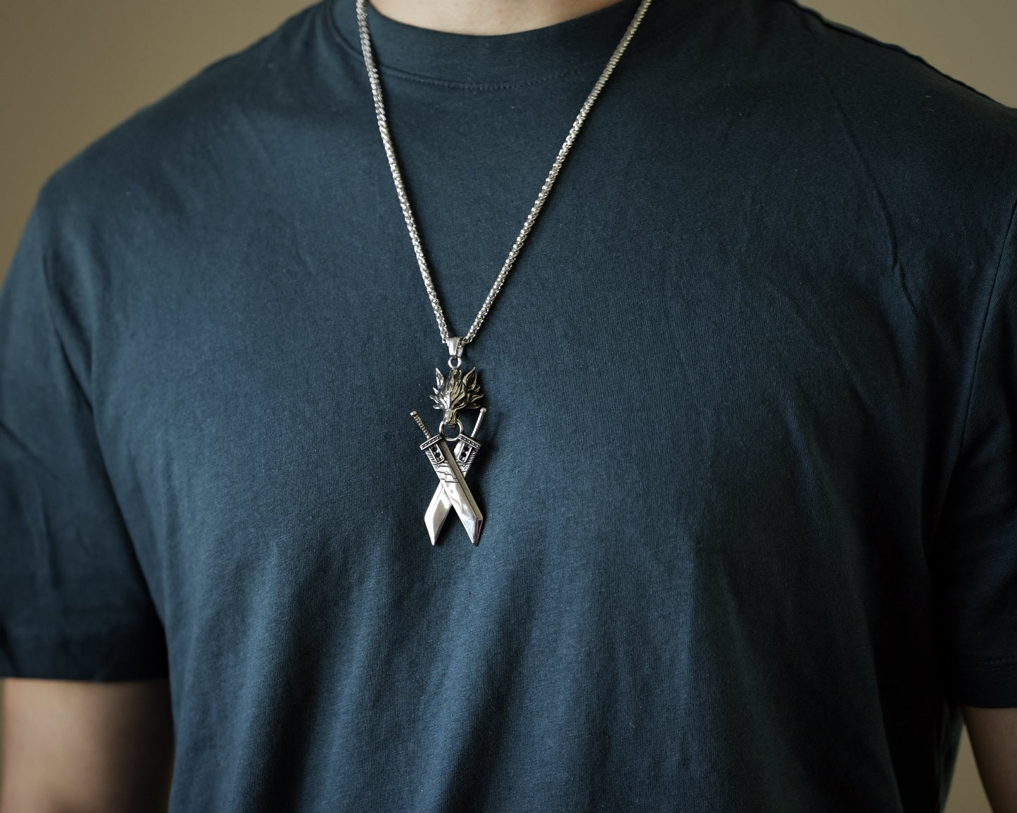 Extra Large Golden Silver Final VII Cloud Buster Double Sword with Lion head Fantasy Necklace Pendant Jewelry Keychain - Baldur Jewelry
