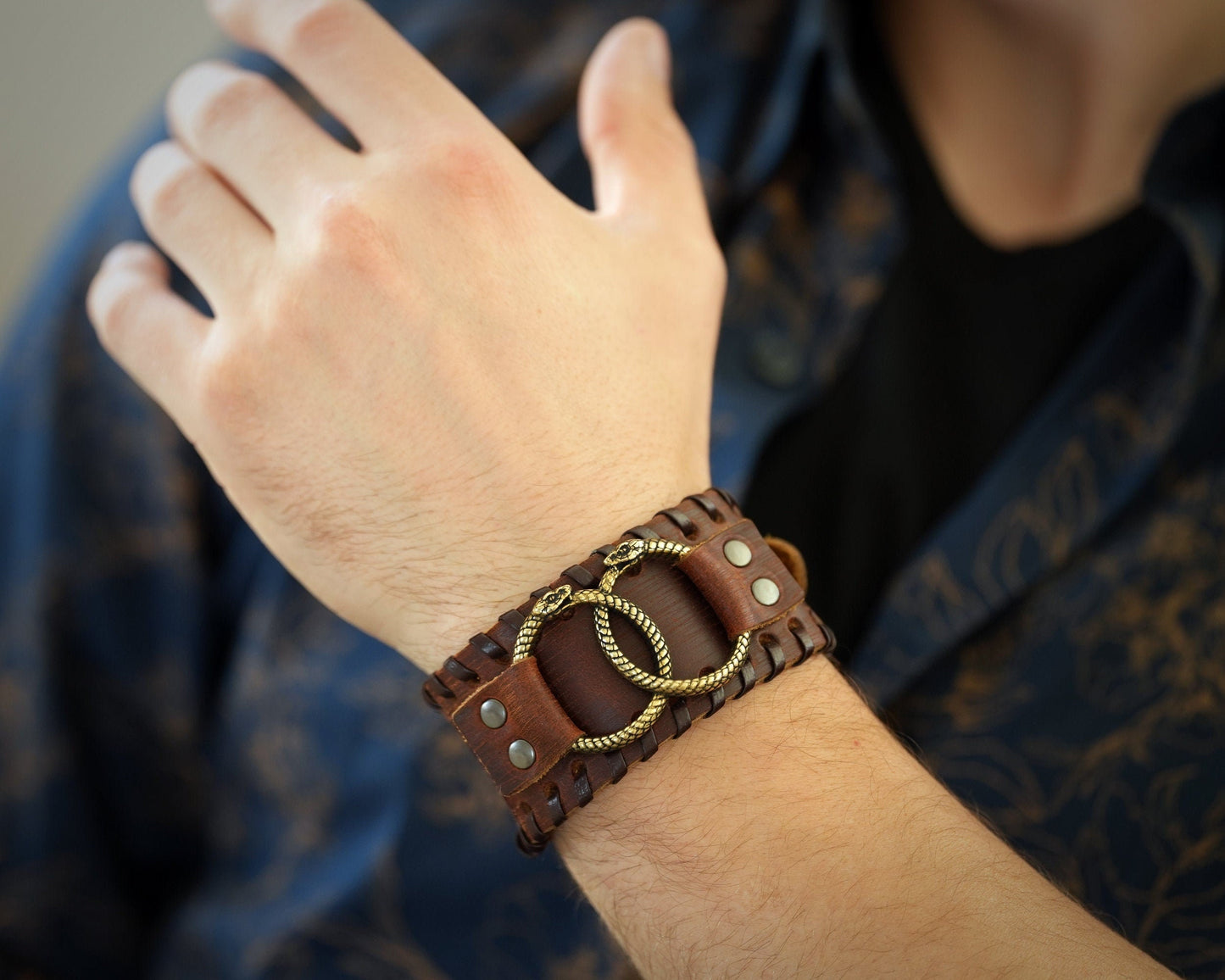 Genuine Leather Bracelet With Ouroboros Snake viper Ring For Men Women, Adjustable Wrap, Ethnic Tribal Braided Bracelet Wristbands Iternity - Baldur Jewelry