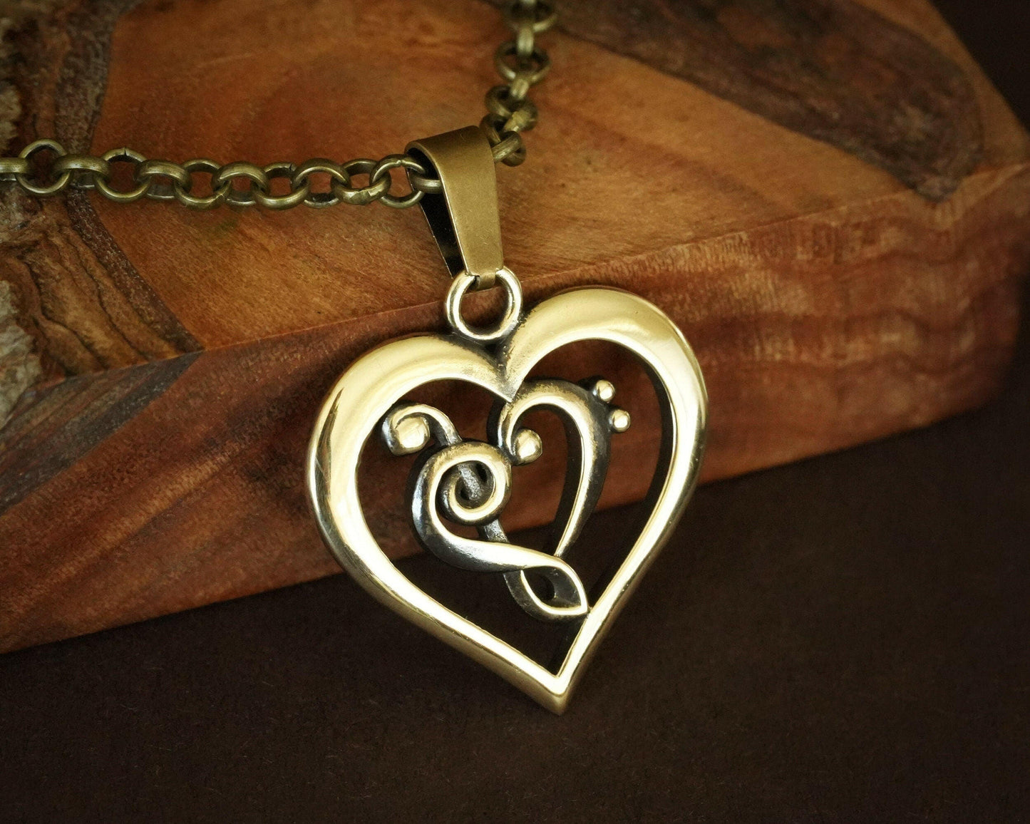 Treble & Bass Clef Heart Pendant Necklace Amulet for Her Women music brass / 925 Sterling Silver - Baldur Jewelry