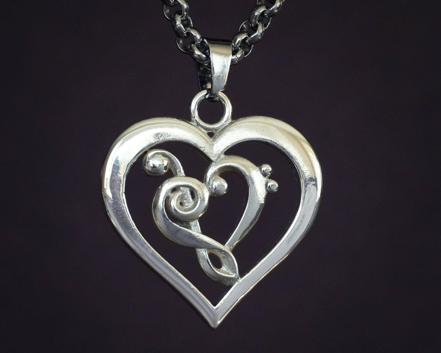 Treble & Bass Clef Heart Pendant Necklace Amulet for Her Women music brass / 925 Sterling Silver - Baldur Jewelry